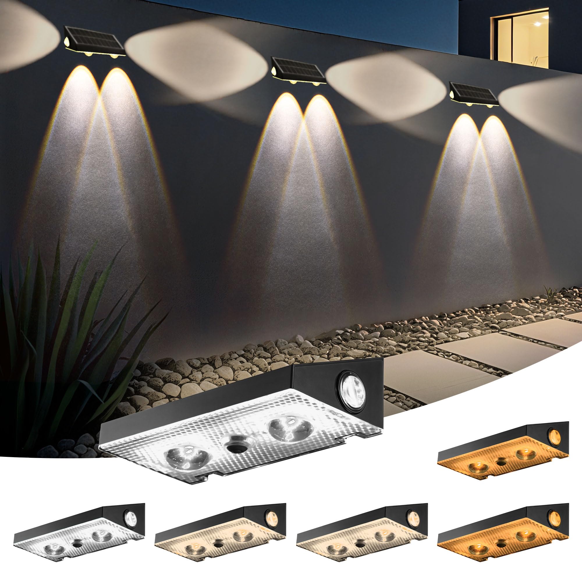 Lampes solaires à 3 voies pour extérieur, 6 lampes solaires à 3 voies, 3 CCT, blanc chaud, blanc froid, lampe solaire 3 voies, étanche IP65, pour escaliers extérieurs