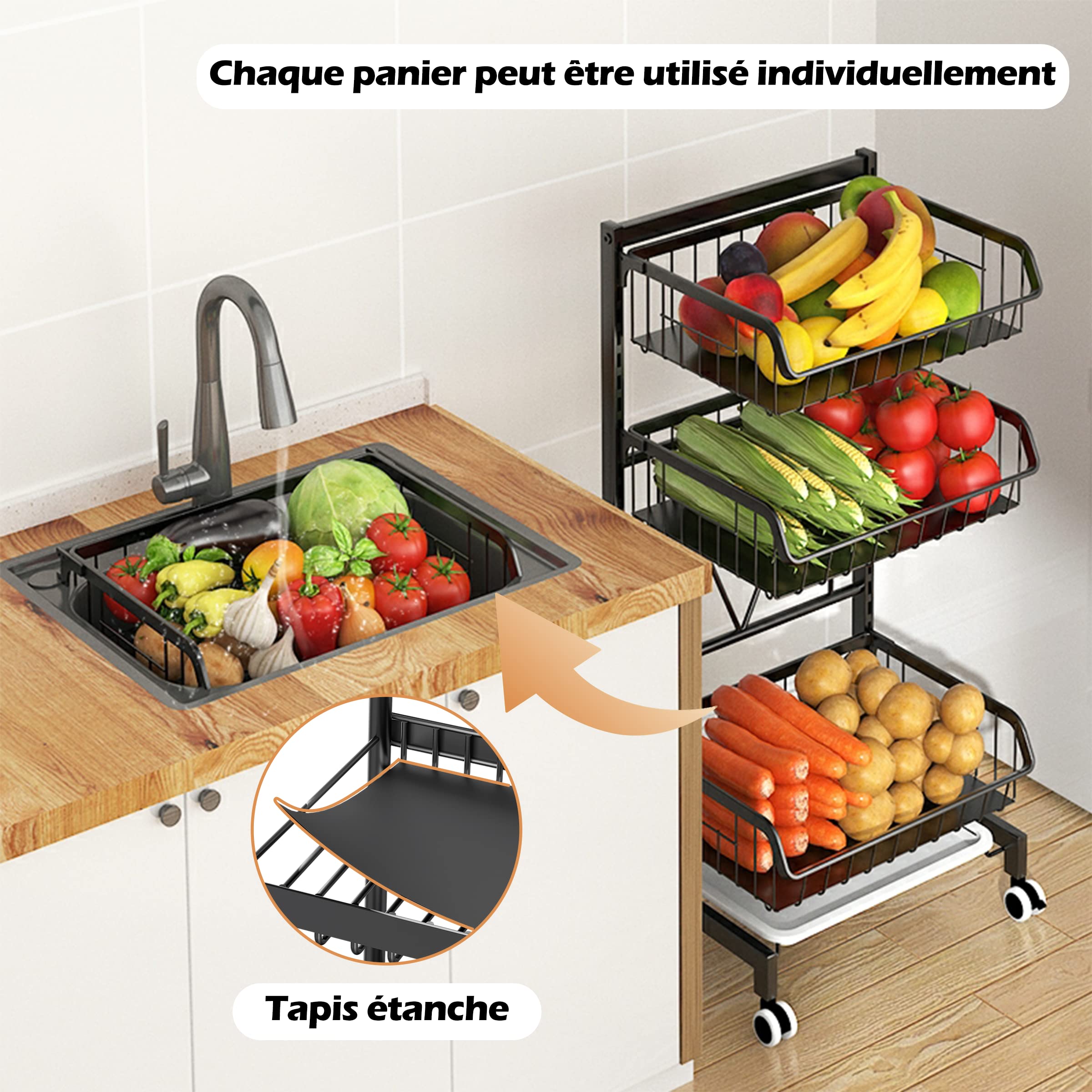 COVAODQ Étagère à légumes pour Cuisine, Panier à Fruits empilable, Chariot de Rangement avec roulettes verrouillables et Plateau, pour Salle de Bain, Cuisine, Bureau (Fer)