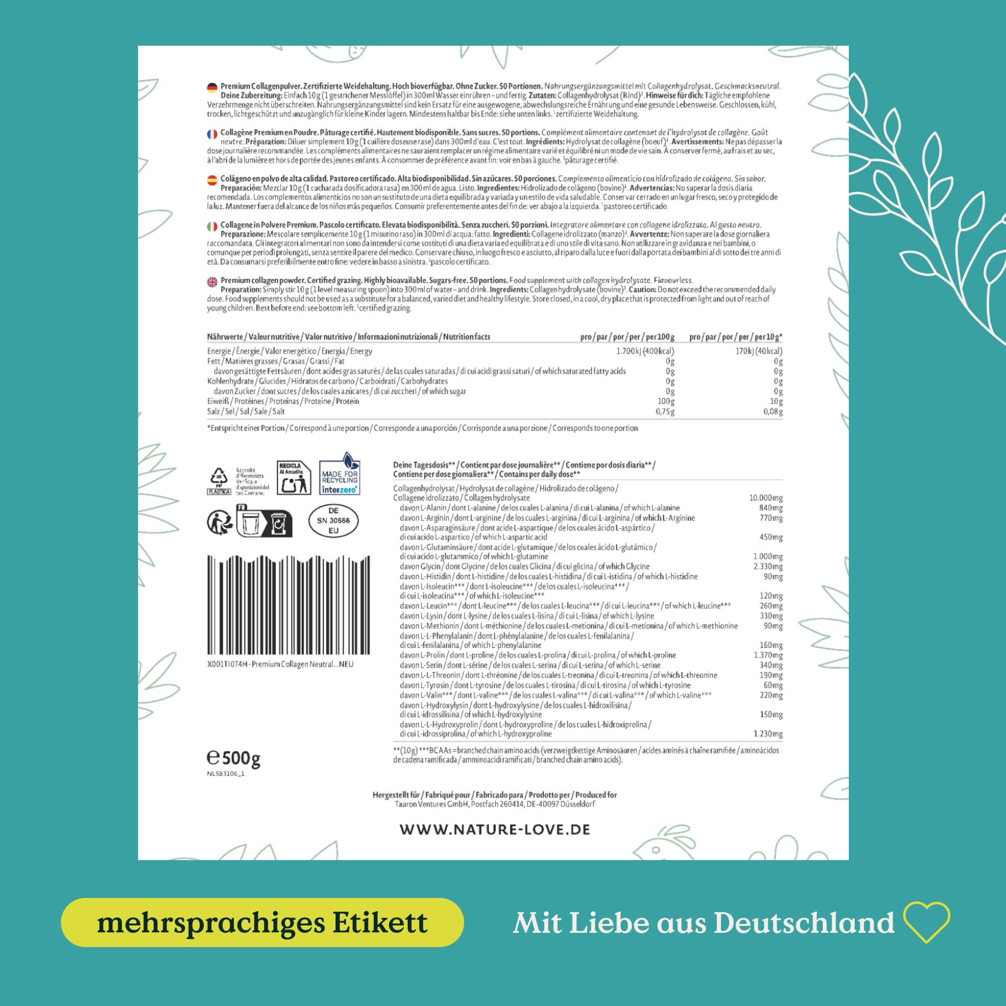 NATURE LOVE® Premium Collagen Pulver - 1500g Kollagen - Peptide Type 1 und 3 - von Rindern aus Weidehaltung - Geschmacksneutral - ohne Zuckerzusatz & Süßungsmittel