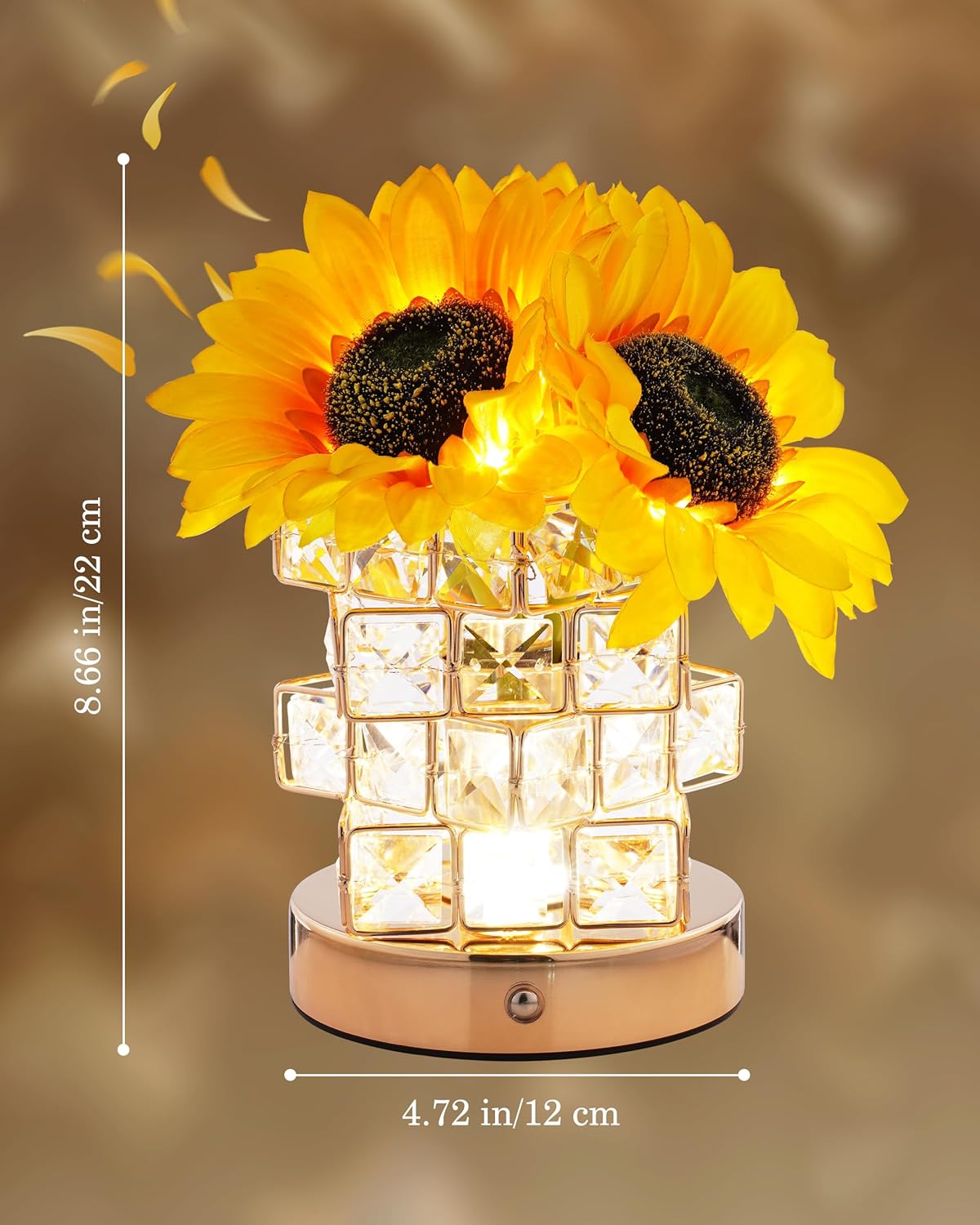 Cordless Sun Flower Lamp, Adjustable Touch Crystal Night Light with Artificial Rose Flower, Rechargeable LED Flowers with Vase Lamp Romantic Festival Christmas Halloween Decor for Bedside Nightstand