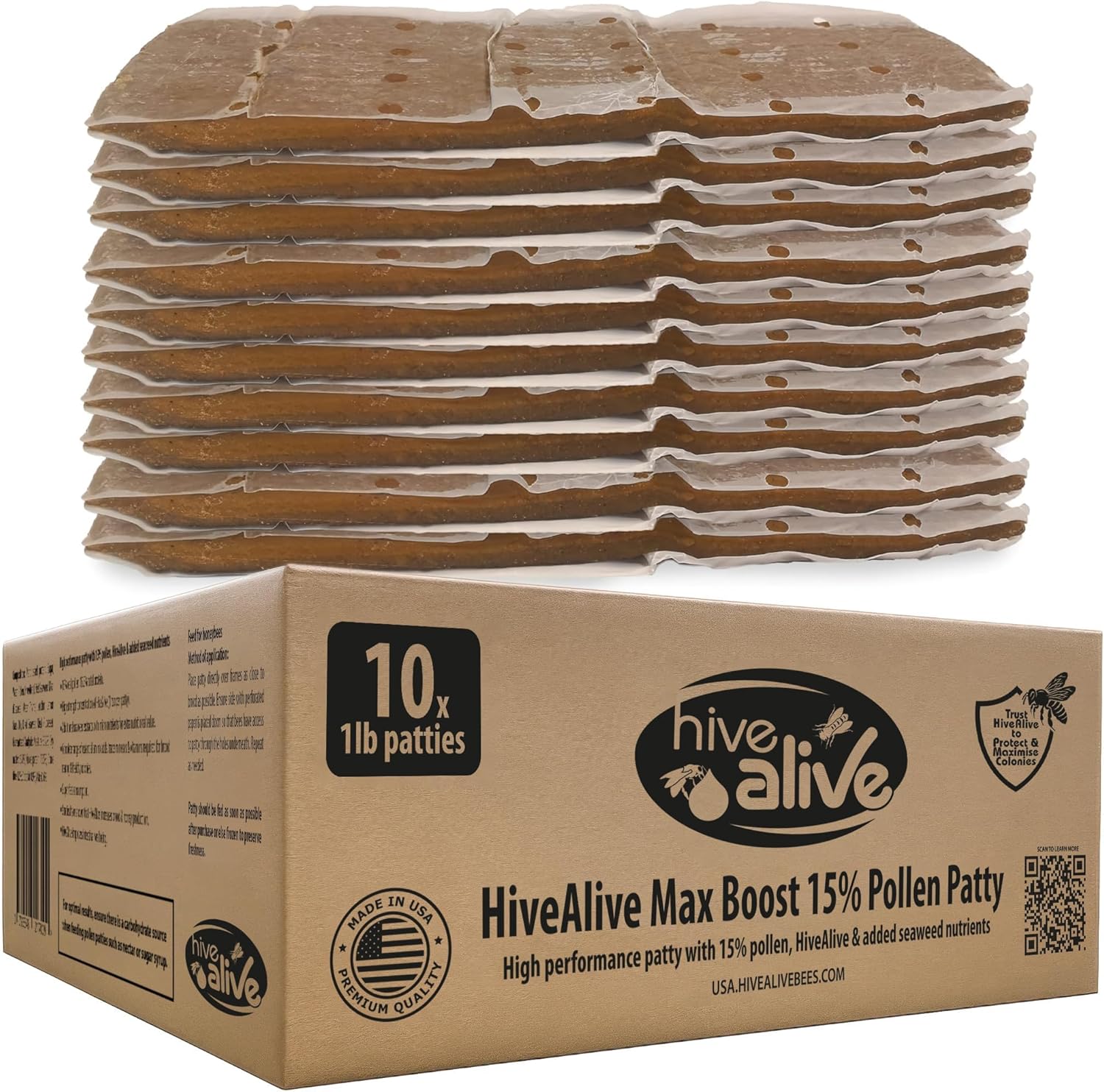 HIVE ALIVE Pollen Patty for Honey Bees – 10lb (10x1lb) Pollen Patties and Bee Food for Spring with 15% Real USA Pollen, Seaweed and Amino Acids to Support Brood and Colony Health