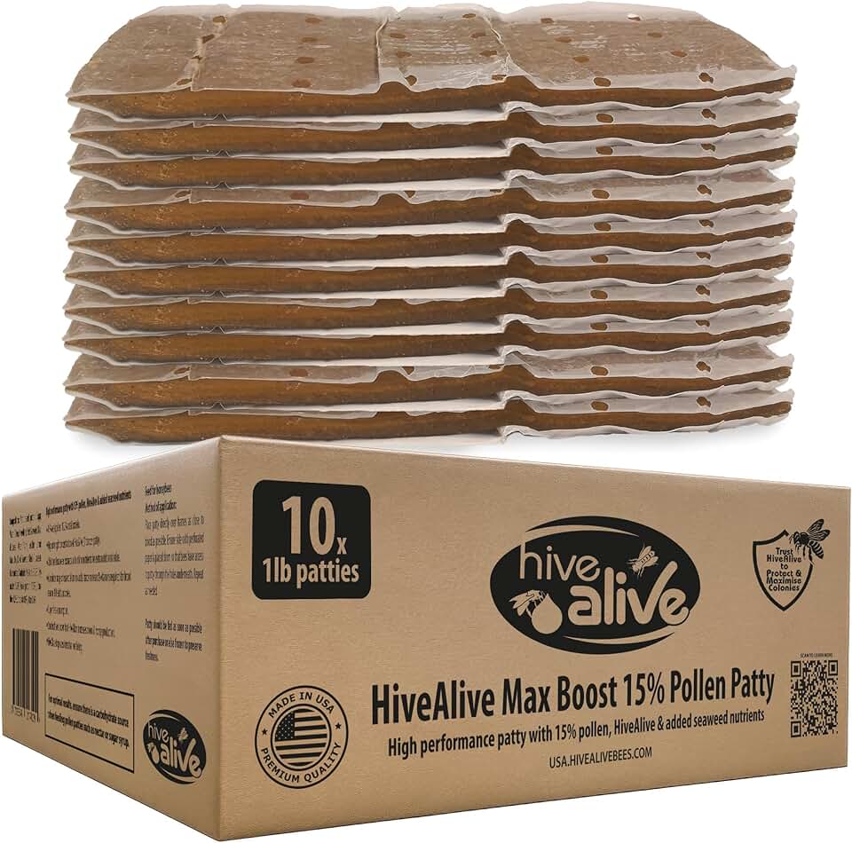 HIVE ALIVE Pollen Patty for Honey Bees – 10lb (10x1lb) Pollen Patties and Bee Food for Spring with 15% Real USA Pollen, Seaweed and Amino Acids to Support Brood and Colony Health