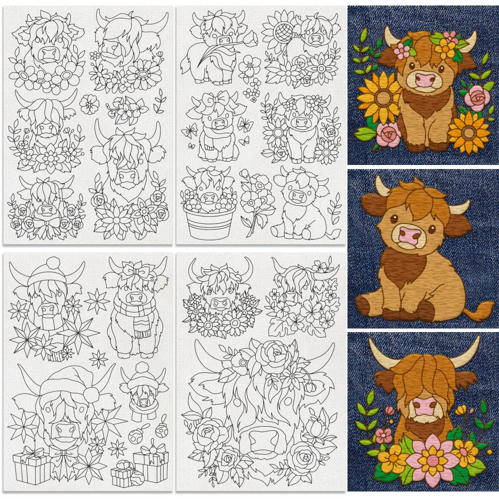 Doodlream 21Pcs Floral Highland Cow Water Soluble Hand Sewing Stabilizers