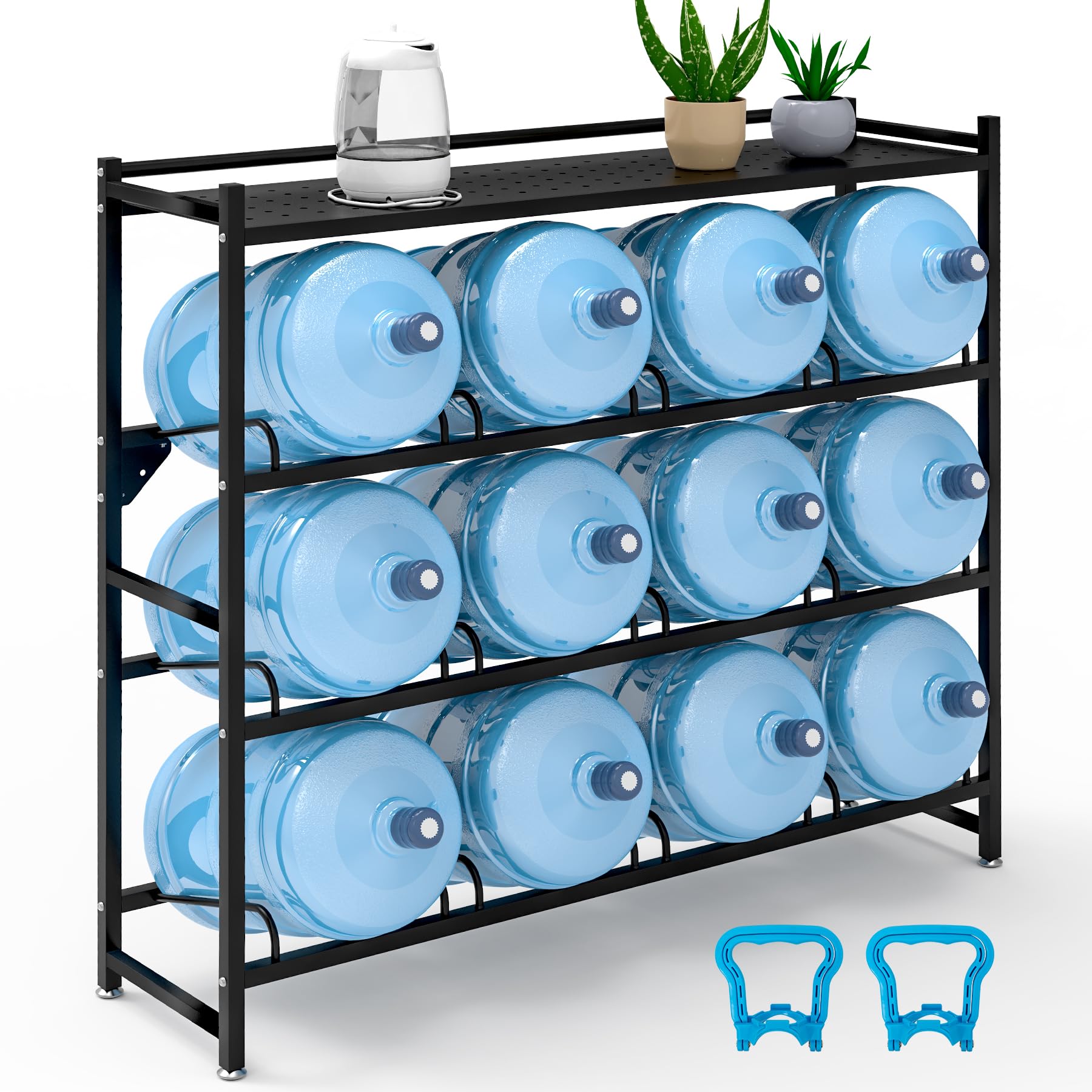 Eastrexon 5 Gallon Water Jug Holder Heavy Duty，4-Tier Water Jug Rack w/Top Shelf, Wall Mount Water Bottle Holder for 12 Bottles, Powder Coated Water