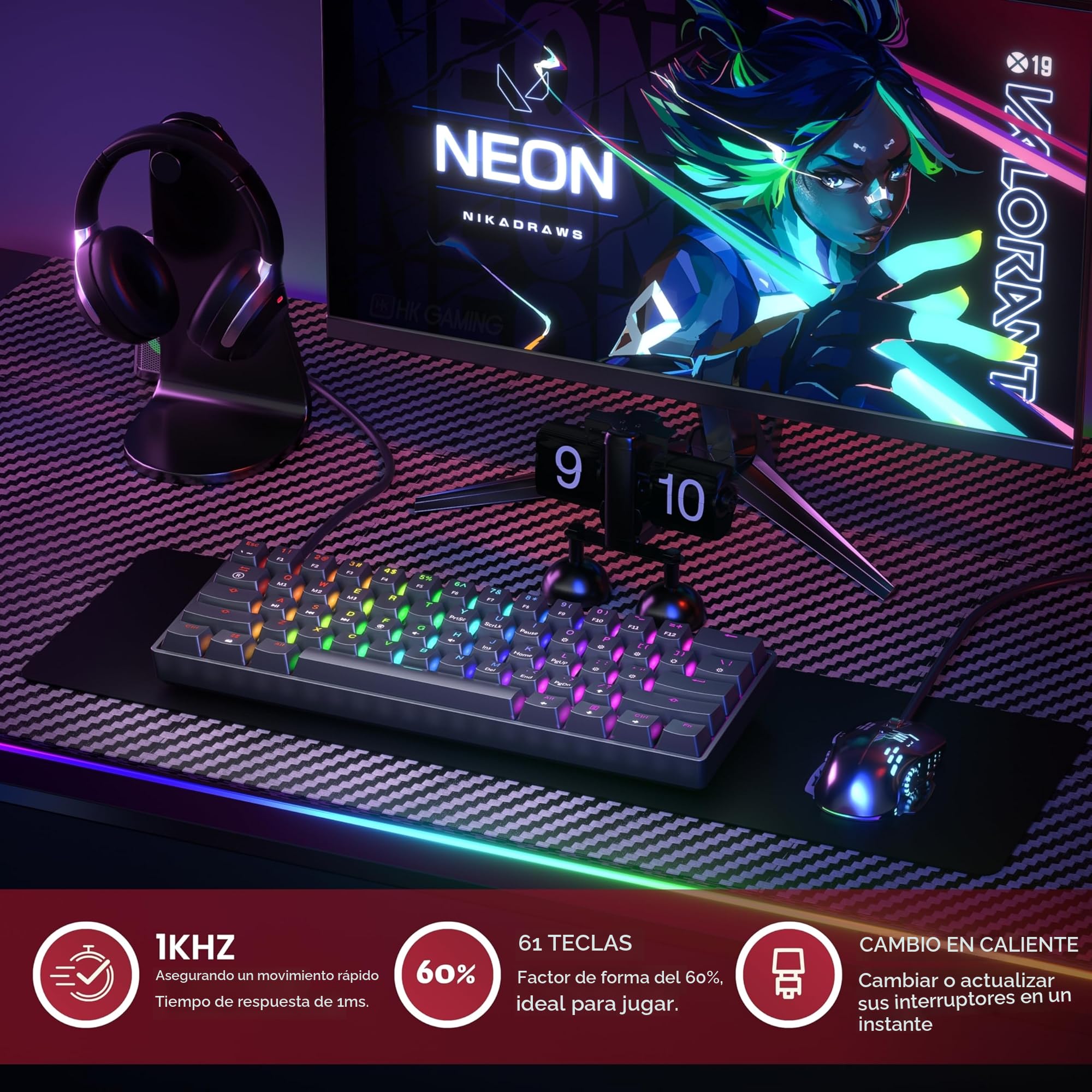 GK61s, Teclado mecánico para gaming, 61 teclas multicolor RGB, con retroiluminación LED, con cable, programable, para jugadores en PC y Mac