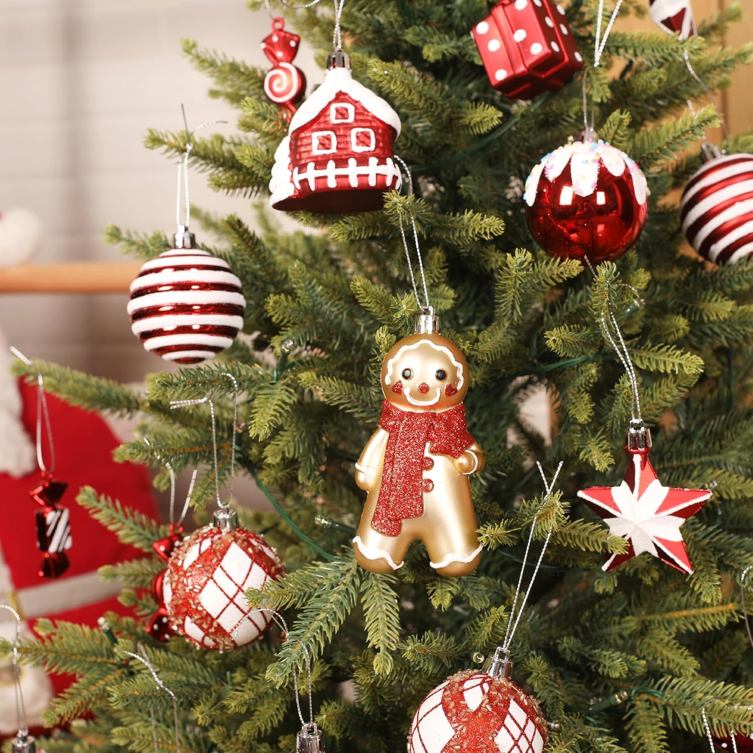 SHareconn Lot de 65 Boule de Noel, Boules de Noël en Plastique Incassable, Décorations Sapin de Noel, pour Decoration Noel Extérieur ou Intérieure, Décorer Sapin de Noël, Rouge et Blanc