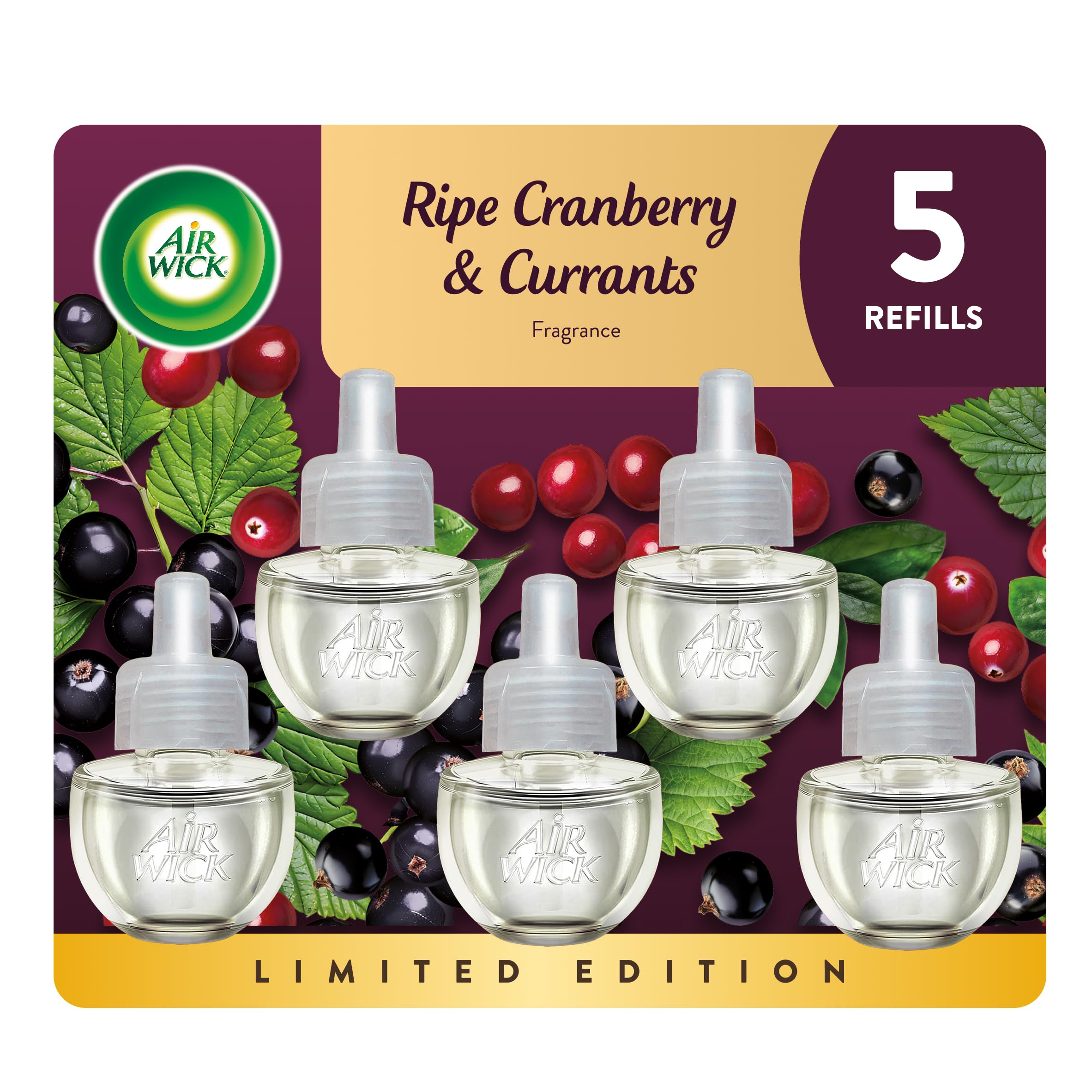 Air Wick Plug in Scented Oil Refill, 5 ct, Ripe Cranberry and Currants, Air Freshener, Essential Oils, Fall Scent, Fall decor