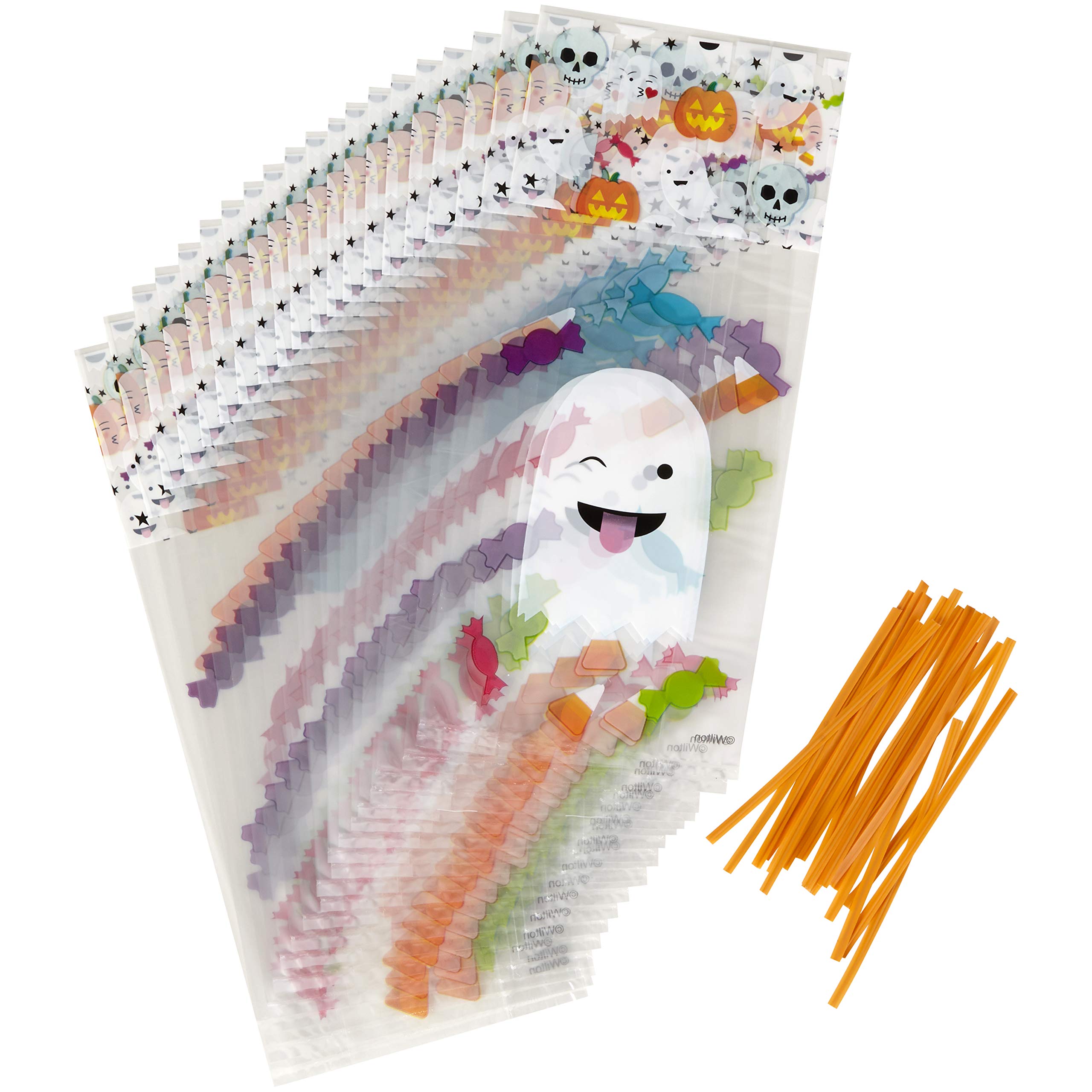 Wilton 1912-4256 Emoji Ghost Treat Bags, 20 CT, Clear, 4.0 x 2.0 x 9.5 inches (10.1 x 5.08 x 24.1 cm), Wilton Halloween, Pack of 20