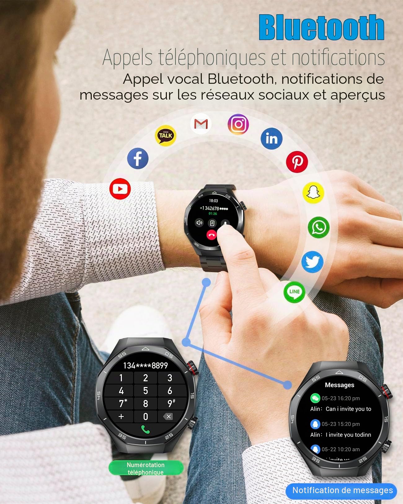 Montre intelligente homme Traqueur fitness Bluetooth Étanche IP67 Écran tactile HD 1,54" Fréquence cardiaque/pression artérielle