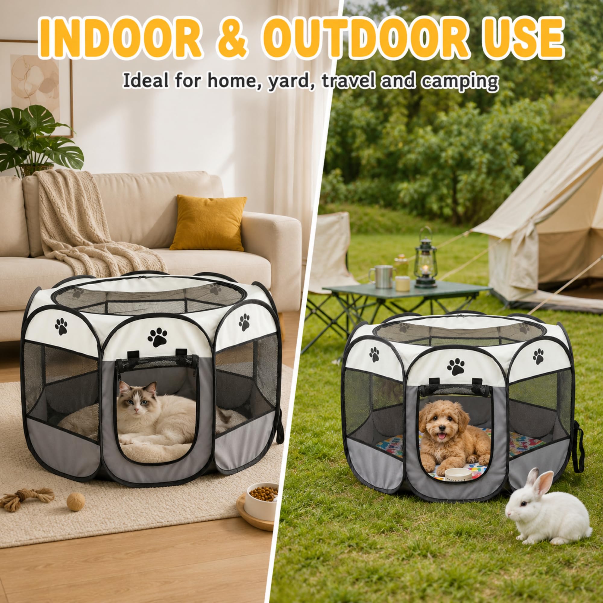 Caño plegable para cachorros, 74 x 74 x 43 cm, parque para cachorros y gatos para el hogar, parque plegable para perros, gatos, conejos, interior y exterior, recinto para animales pequeños (gris)