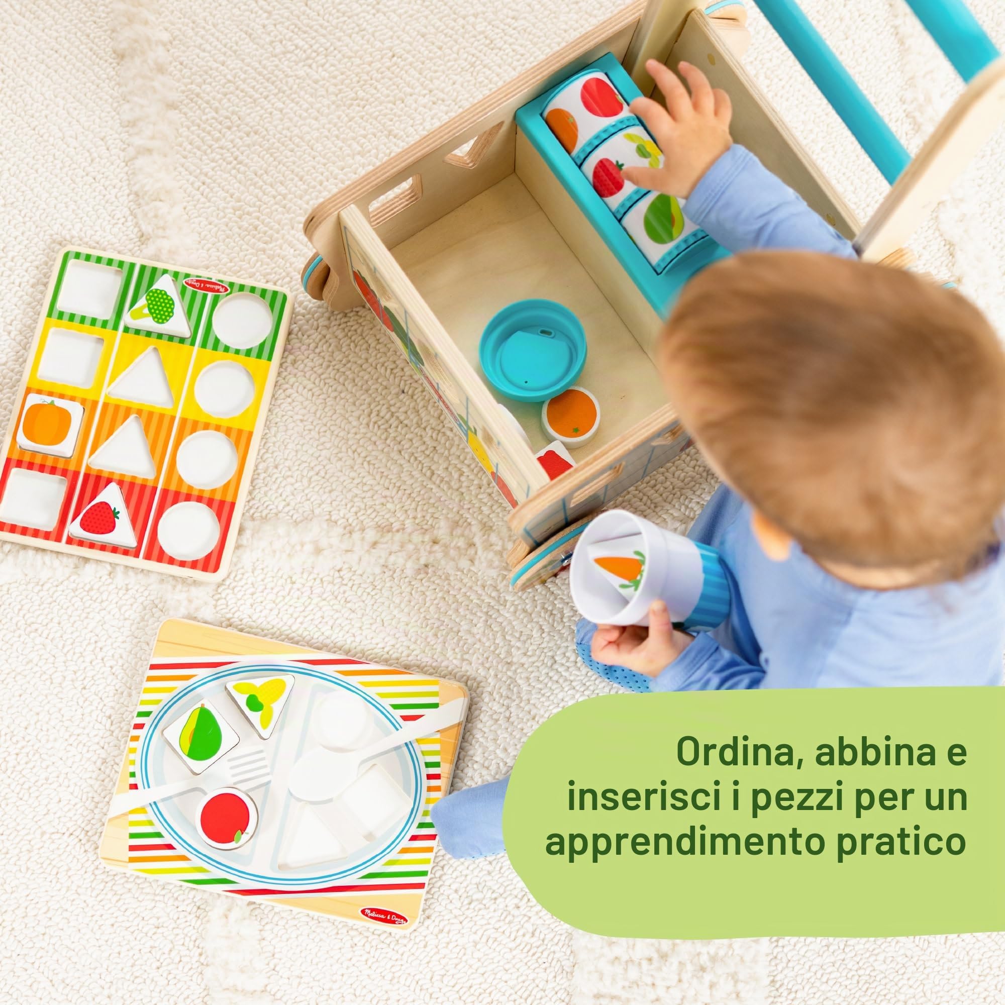 Melissa & Doug - Carrello della spesa giocattolo in legno per ordinare le forme con puzzle, Giochi in legno, Giocattoli per lo sviluppo, 12 mesi, Regalo per bambino e bambina - Certificati FSC