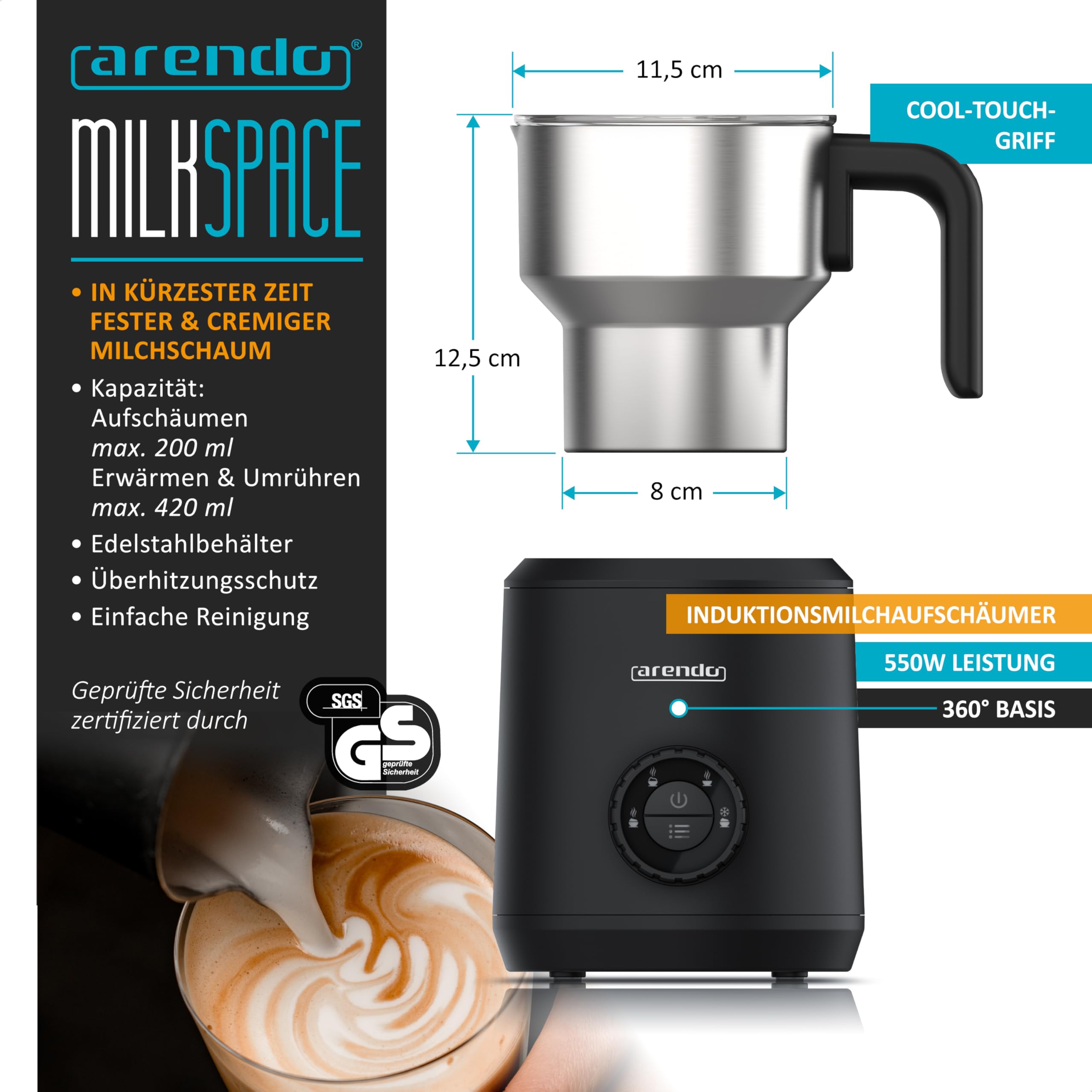 Arendo - Montalatte a induzione - Montalatte elettrico a induzione senza bruciatura - fino a 400 ml - Schiuma di latte calda e fredda - 4 temperature - Milk Spugna Caffè Latte Cappuccino