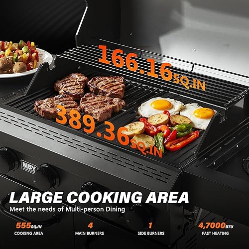 Miniatura 2 de Parrilla de gas propano 4+1, barbacoa al aire libre de 47,000 BTU con rejillas de hierro fundido esmaltado y mesas auxiliares, portátil para patio