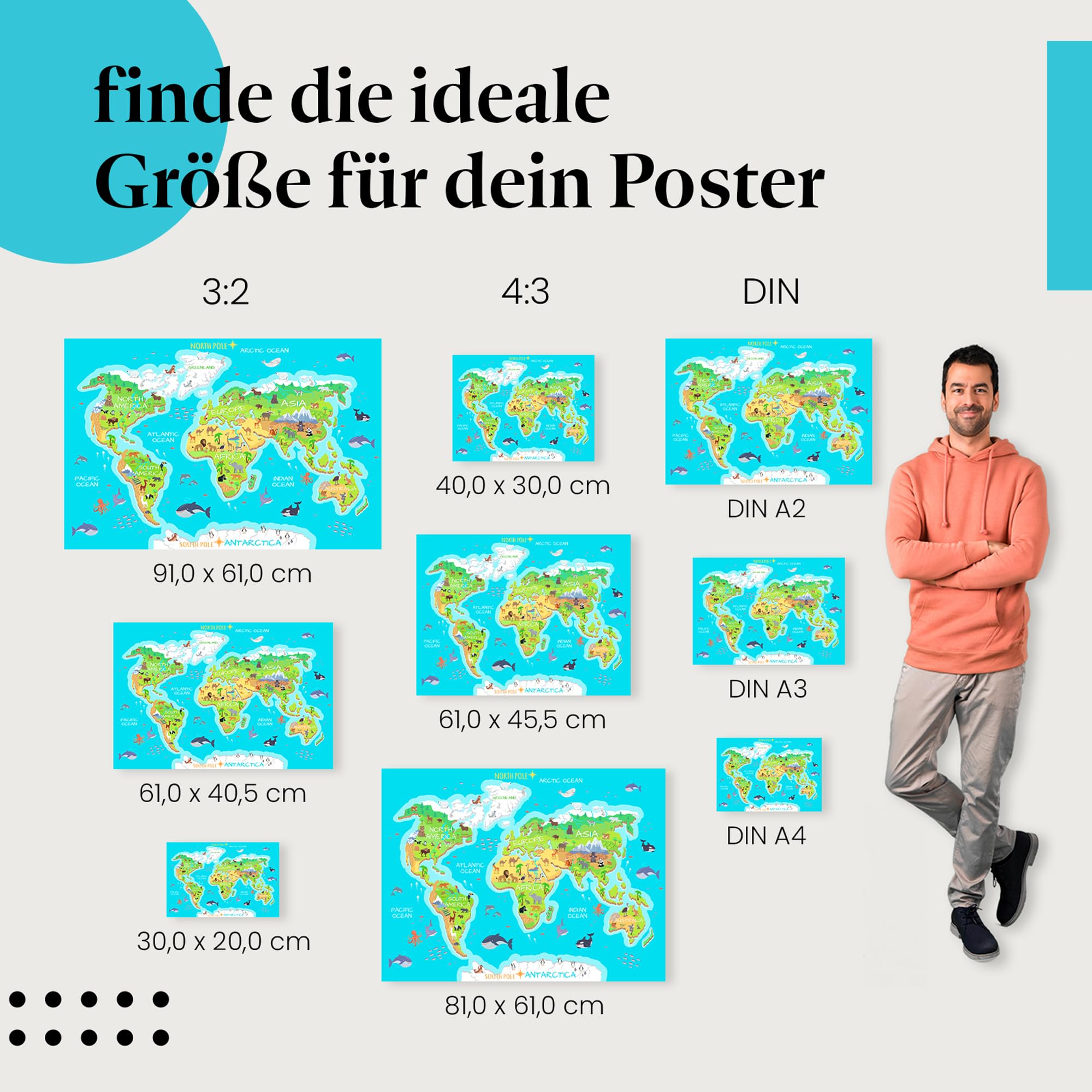 Postereck - 0863 - Weltkarte, Kinder Tiere Kontinente Lernen Schule - Unterricht Klassenzimmer Schule Wandposter Fotoposter Bilder Wandbild Wandbilder - Leinwand - 75,0 cm x 50,0 cm