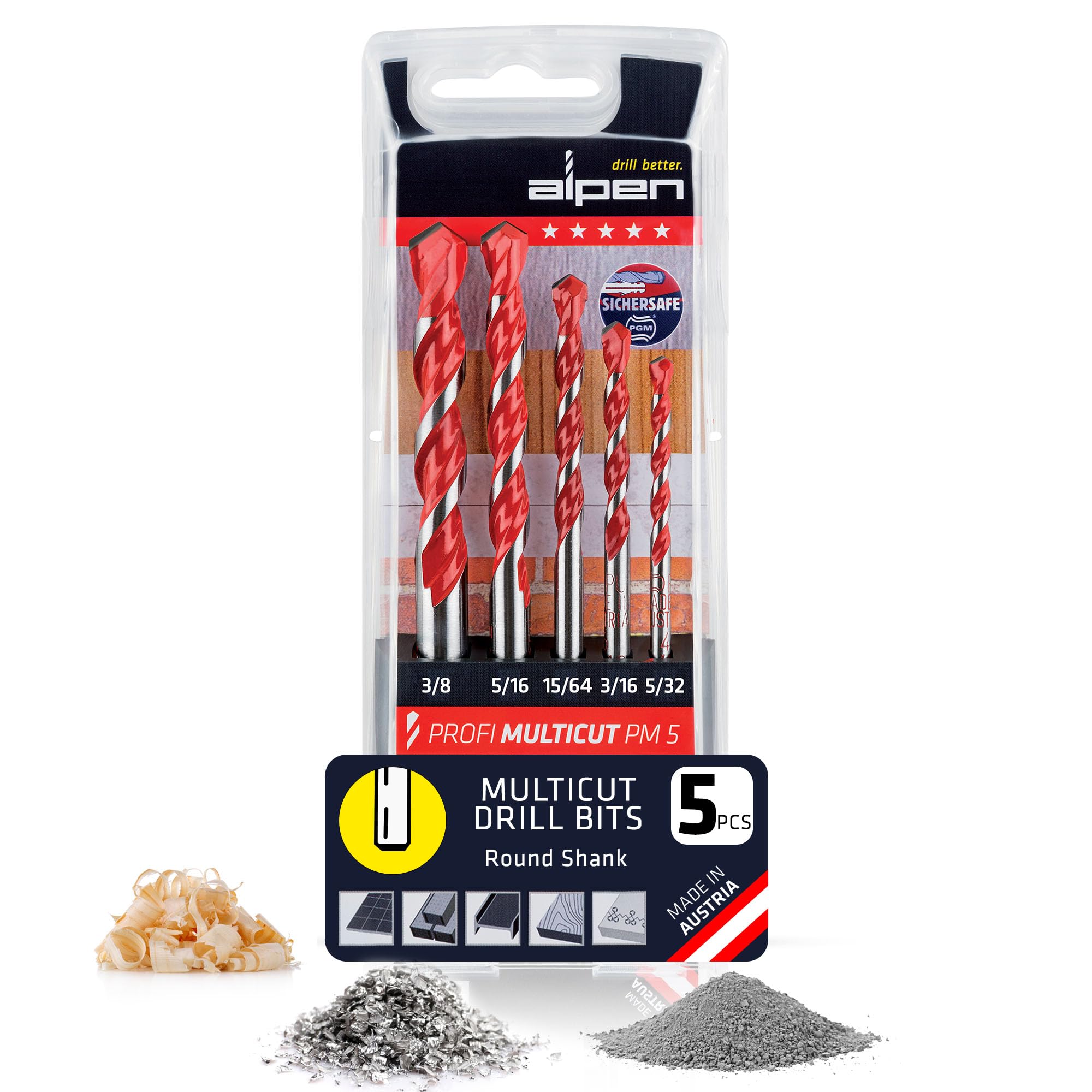 Alpen Set di punte per trapano multicut, 5 pezzi, set per trapano versatile in piastrelle, muratura, metallo, legno e plastica, kit per trapano con punta in carburo durevole con gambo cilindrico