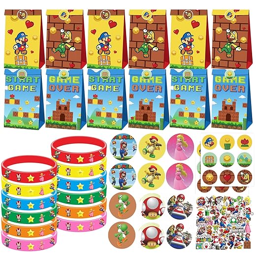 Ma-rio Bros Lot de 86 petits cadeaux pour fête d'anniversaire d'enfant, 12 bracelets en silicone, 12 badges, 12 sacs en papier de fête, 50 autocollants pour enfants, sacs cadeaux, accessoires de fête