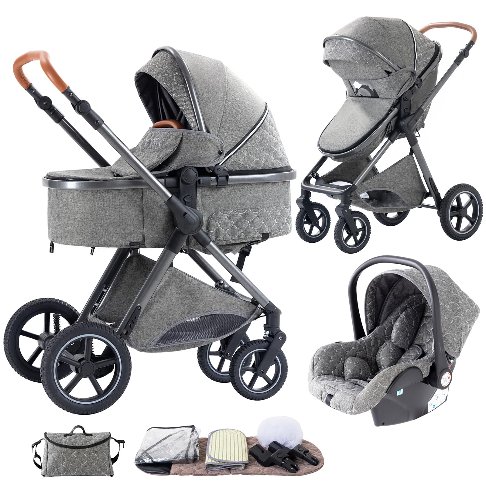 Shineey 3 in 1 Baby Stroller with Height Adjustable Handle,3 in 1 Prams Travel System, Lightweight Foldable Pushchair, Prams with Aluminum Frame for Portable Baby Carriage