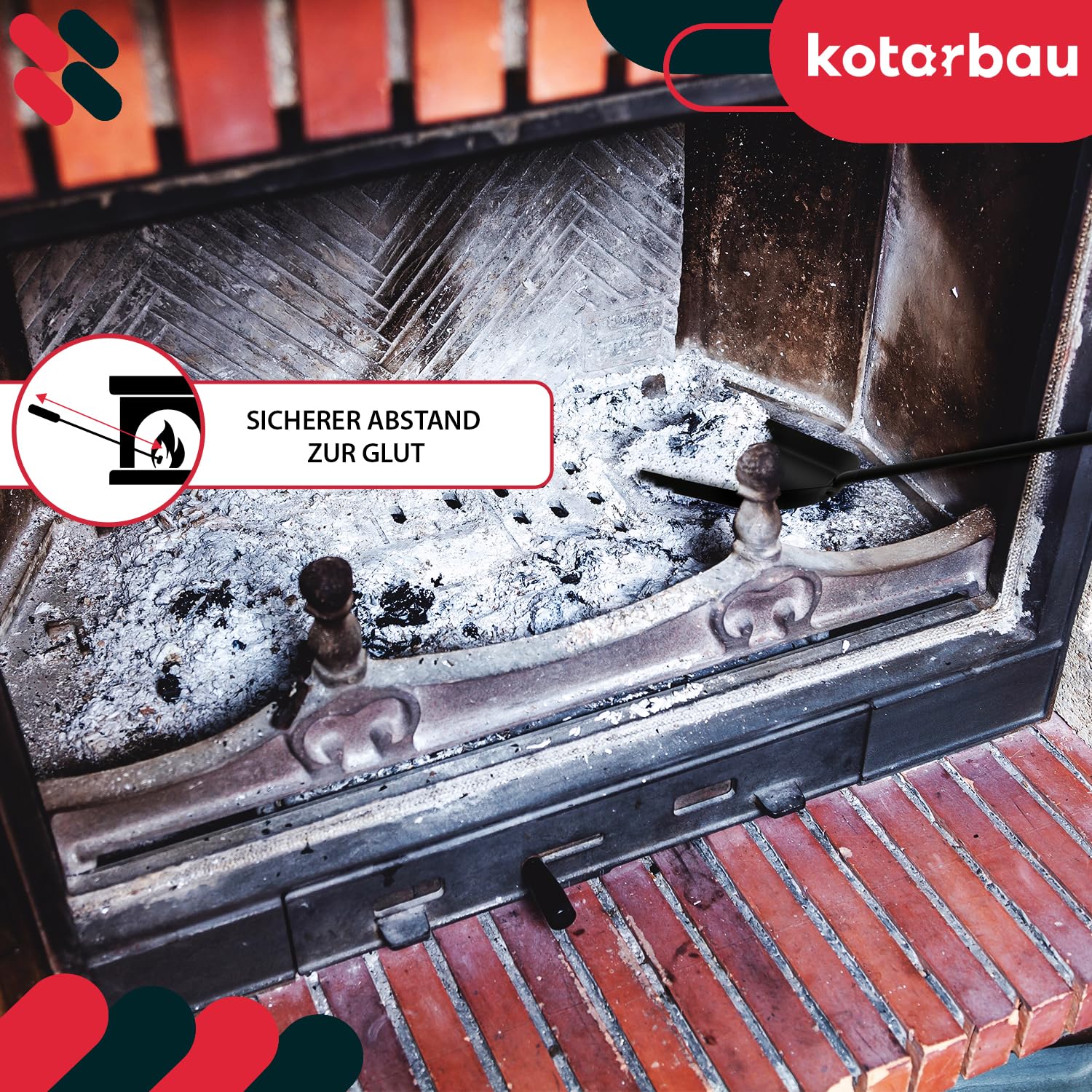 KOTARBAU® Juego de herramientas para chimenea de acero, Set de 5 piezas: escoba, pala, pinzas y atizador de ceniza con soporte de pie, Herramientas para chimenea, estufa, Negro