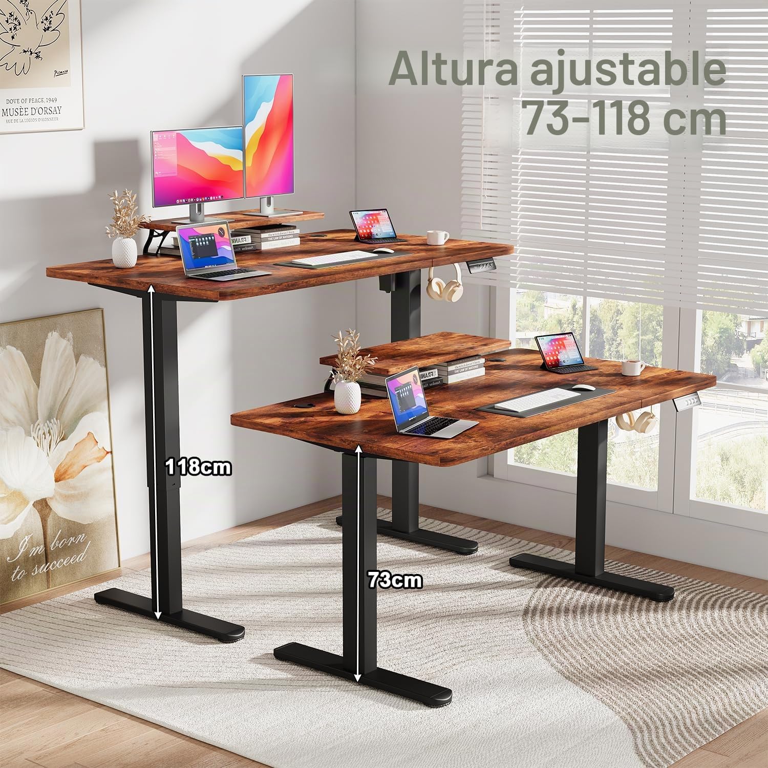 JUMMICO Escritorio Regulable en Altura con Soporte para Monitor, Escritorio de Pie Eléctrico para Oficina en Casa y Gaming, 120 * 60cm, Marrón
