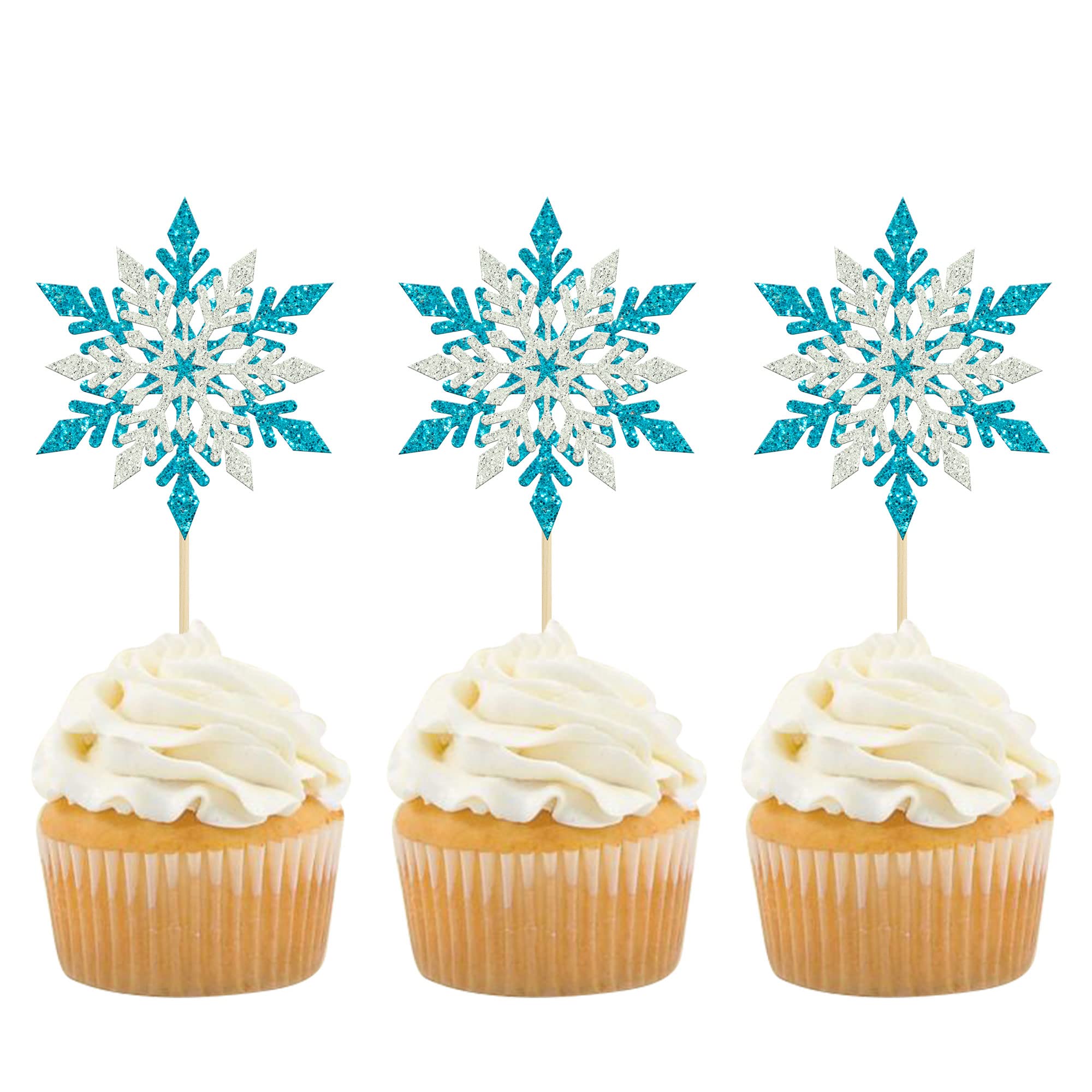 Gyufise 24 Pack Snowflake Cupcake Toppers Double Layers Silver and Blue Winter Frozen Theme Cupcake Picks Baby Shower Kids Birthday Party Christmas Cake Decorations Supplies