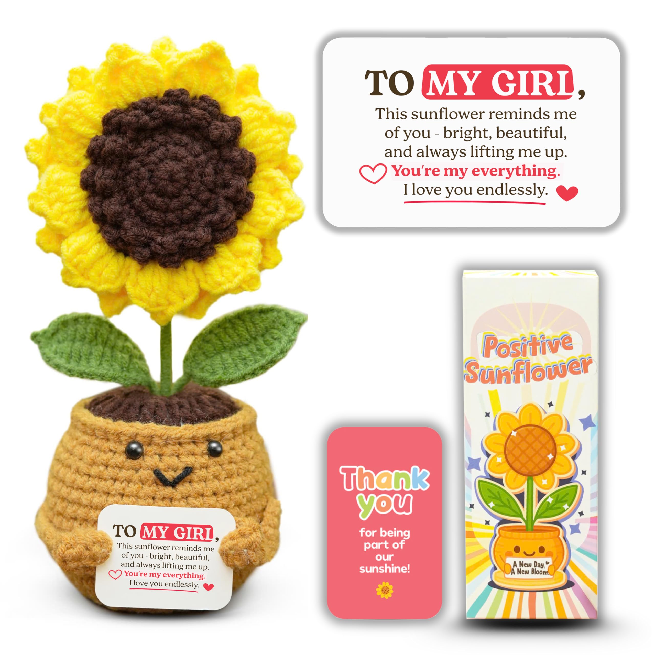 Emotional Support Crochet Sunflower – Handmade Gift for Girlfriend, Wife, Partner – Romantic I Love You Gift for Couples Wife, “to My Girl” Love Message, for Women