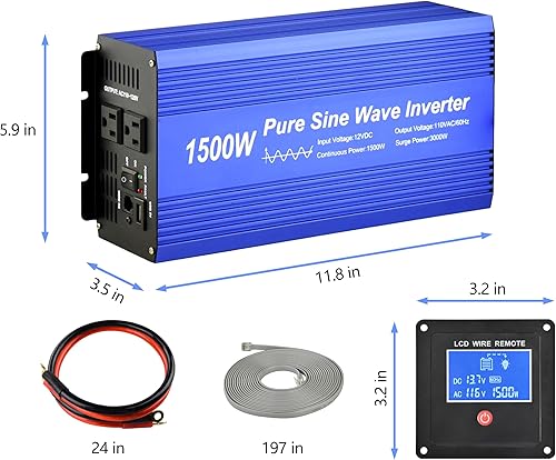 Miniatura 2 de Inversor de corriente de onda sinusoidal pura DC12V a CA 110V con enchufes dobles y USB, kit remoto LCD. (1500W)