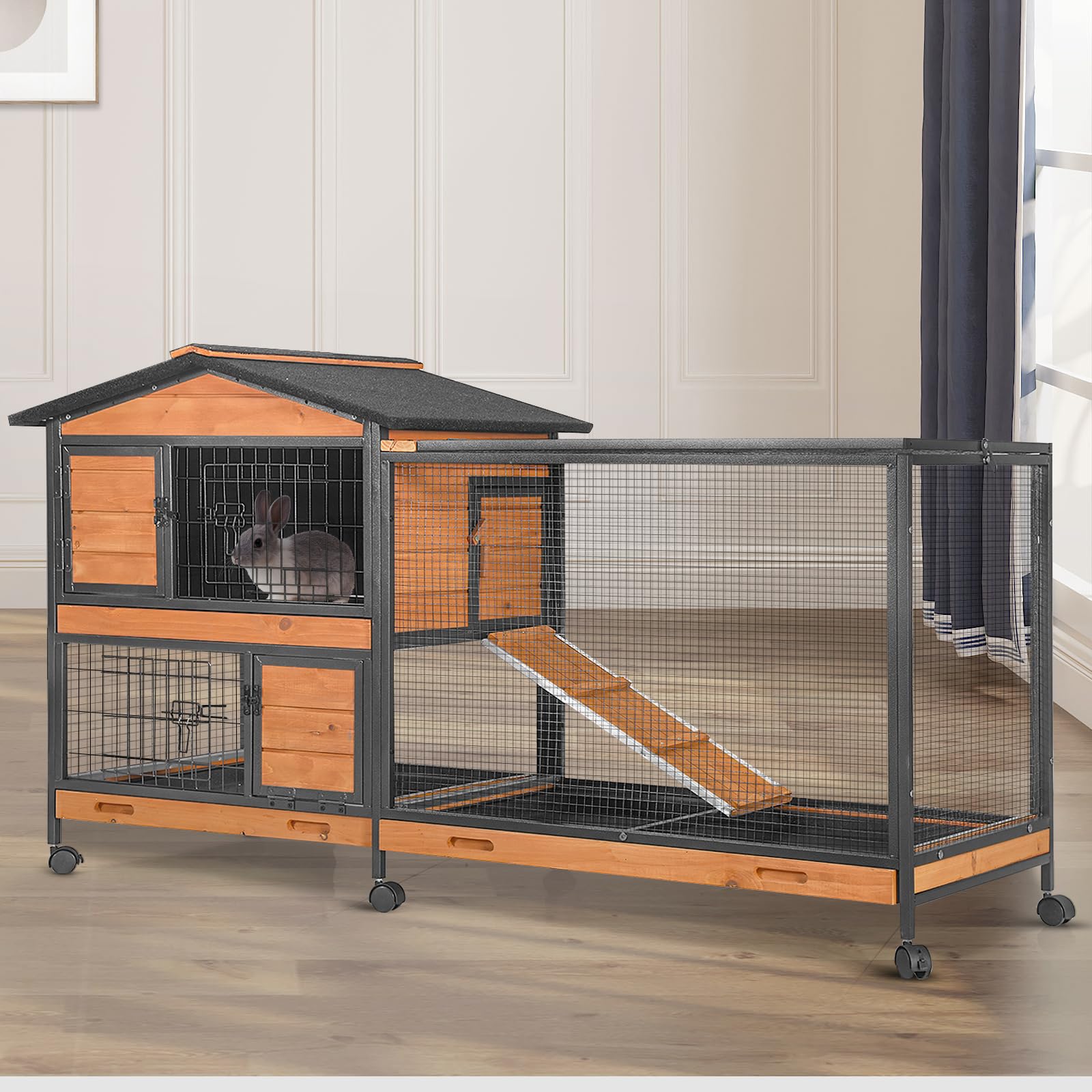 Suumerpety Rabbit Cage,Indoor Rabbit Hutch with Matel Frame and Pull Out Tray,Rabbit Hutch Chicken Coop with Run (Orange)
