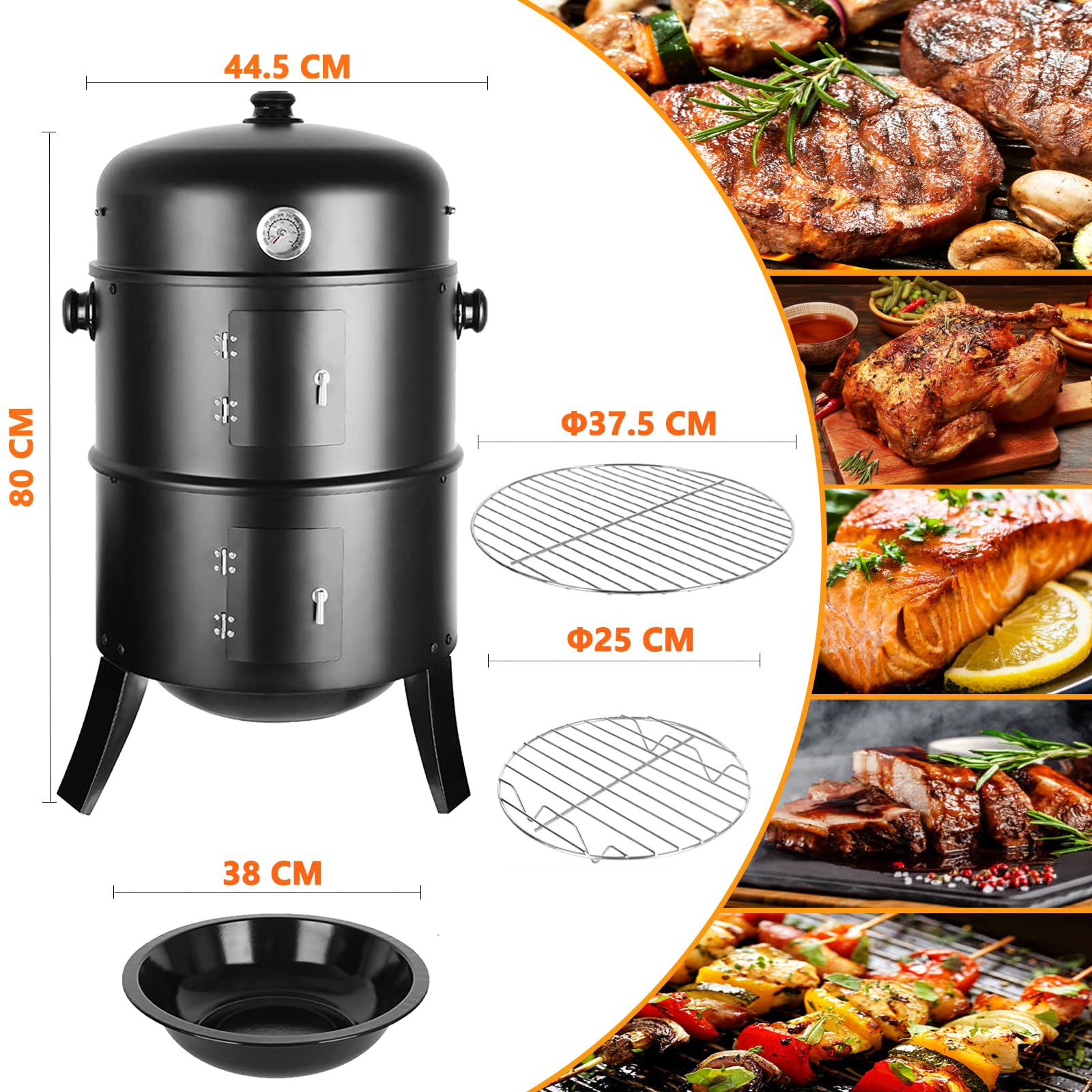 Affumicatore 3 in 1, Barbecue Carbonella, Griglia per Affumicatura con 2 Griglie in Acciaio Inossidabile, Termometro, Barbecue a Carbone, Affumicatore con Coperchio, Ø44,5 x80 cm Affumicatoi, Nero