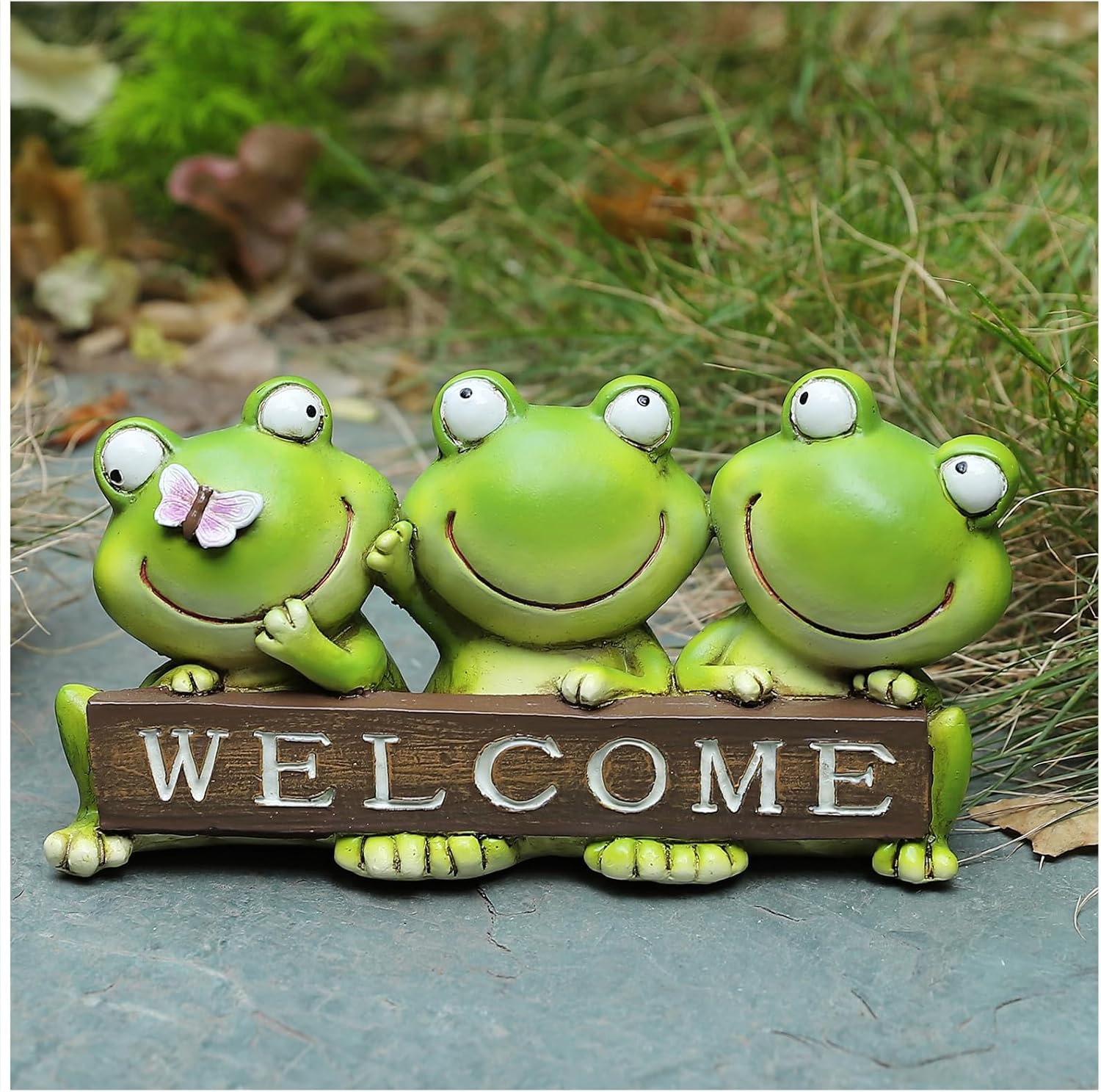 Cute 3-Pack Frog Resin Statue with Welcome Sign - 7.87 Inch”L Hand-Painted Indoor Outdoor Decor, Weather Resistant Frog Figurine for Patio, Yard & Porch