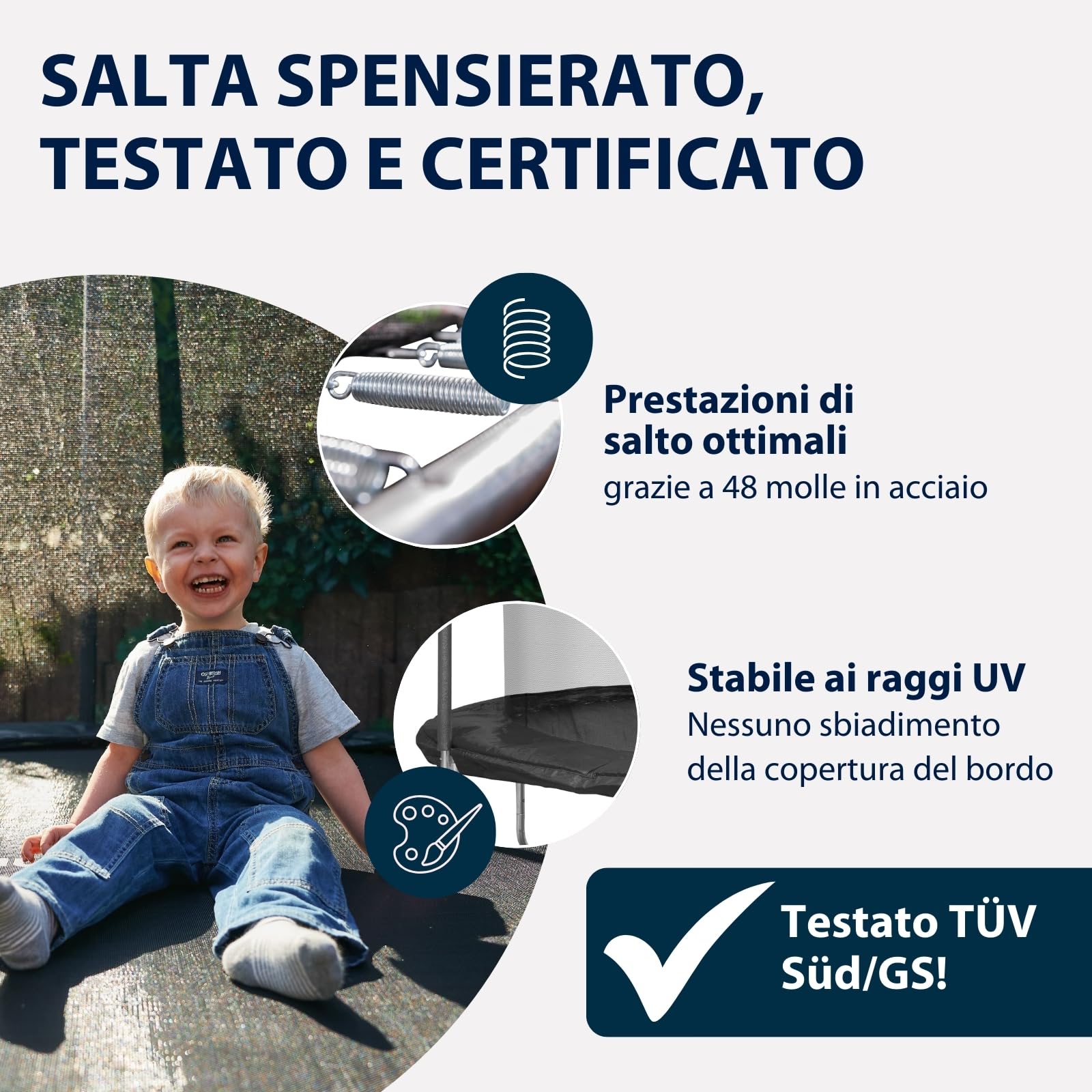 HUDORA Trampolino First 300V - trampolino da esterno con rivestimento dei bordi e rete di sicurezza - trampolino da giardino per bambini e adulti - trampolino di qualità
