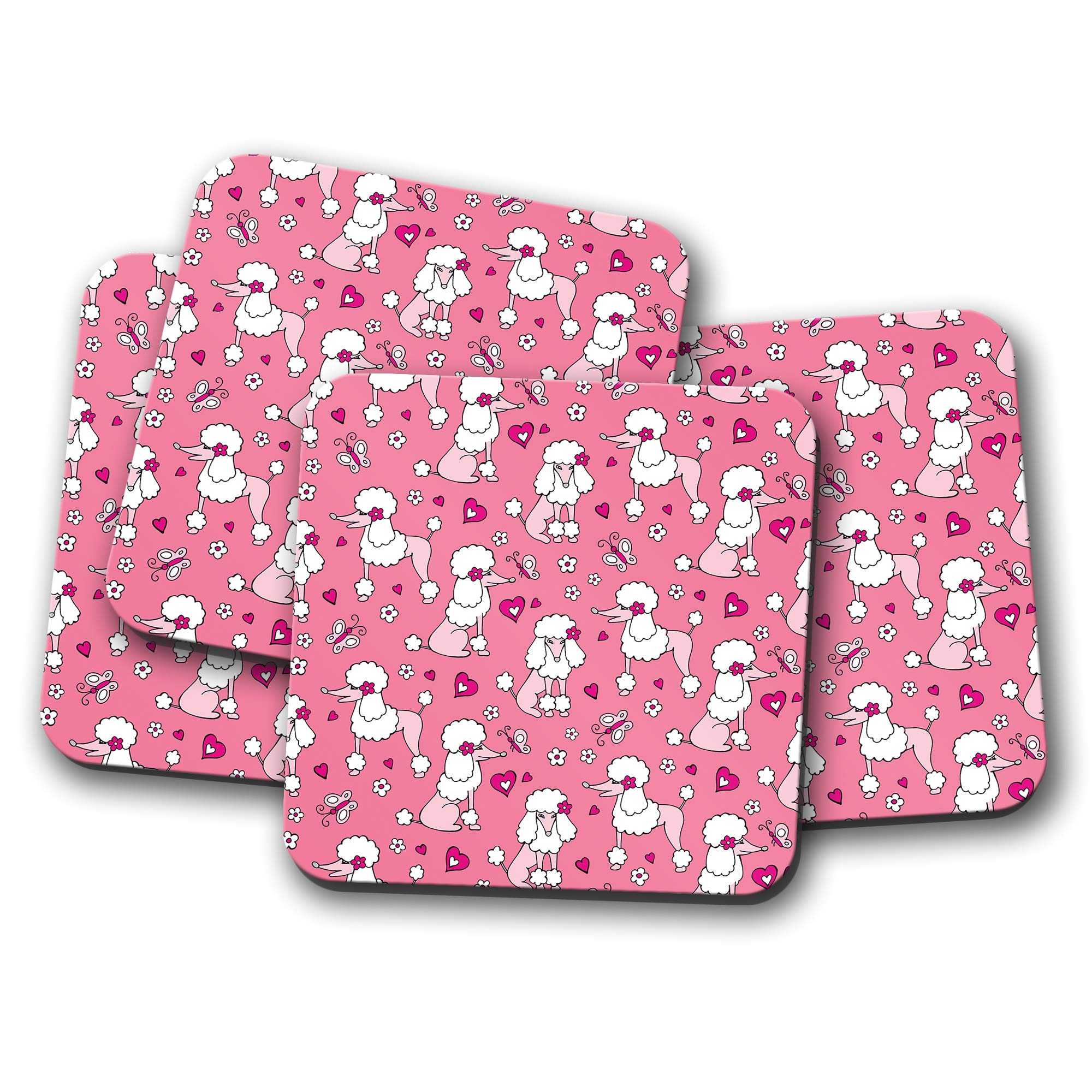 Destinationvinyl Multicolor 4 Set - Pink Poodle Coaster - Dog Love Hearts Puppy Mum Sister Fun #13132