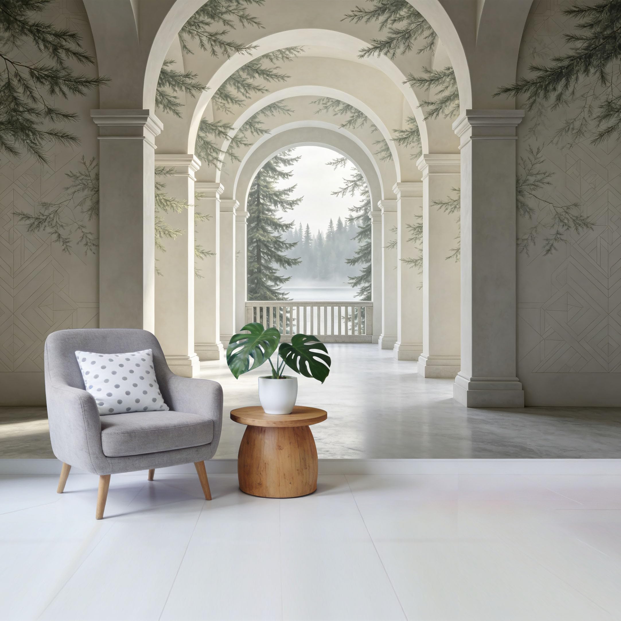 Removable Self Adhesive Fabric Mural， Neoclassical Archway Forest Lake Custom Size Wall Covering， UV Protected Waterproof Washable Wall Decor for Living Room Bedroom Bathroom