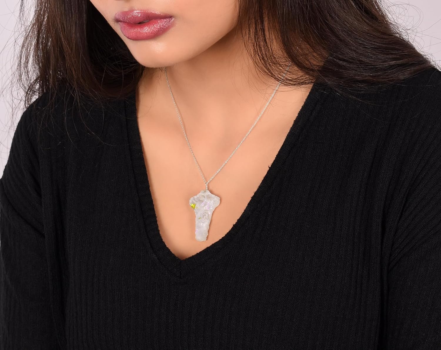 InfinityGemsArt Raw Aura Quartz Pendant Necklace for Women, Birthstone, Natural Gemstone Rough, Handmade Jewelry, Chakra Energy Healing Crystals, 925 Sterling Silver Chain 20 inch