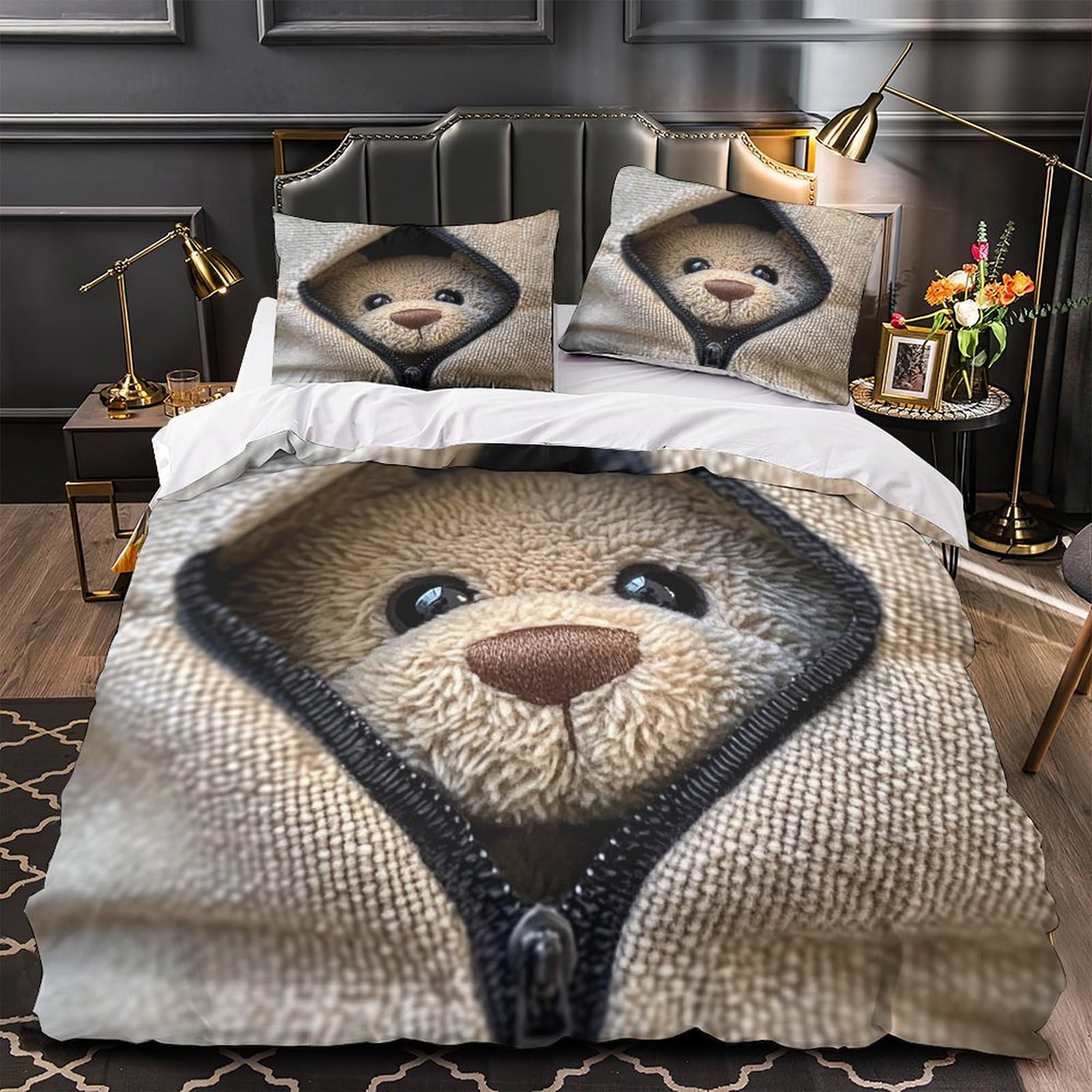 Housse de Couette Ours en Peluche Parure de Lit 140x200 Simple Adulte Douce en 3D