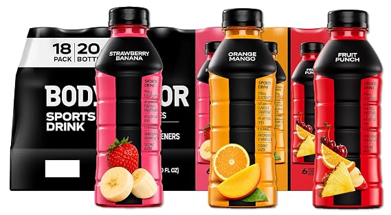 Armor Sports Body Hydration Drink 20oz, 18 CT Variety Pack, Strawberry Banana, Orange Mango, Fruit Punch, Packed With B Vitamins and Antioxidants