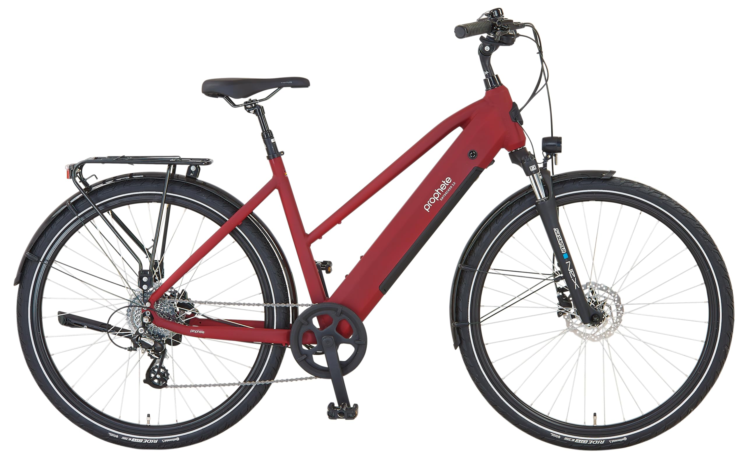 PROPHETE ENTDECKER 2.3 E-Bike, 28" Trapezrahmen 50 cm, Heckmotor 250 W/40 Nm, 8-Gang Kettenschaltung, LCD-Display, 360 Wh Akku, bis 100 km Reichweite, Bordeaux matt