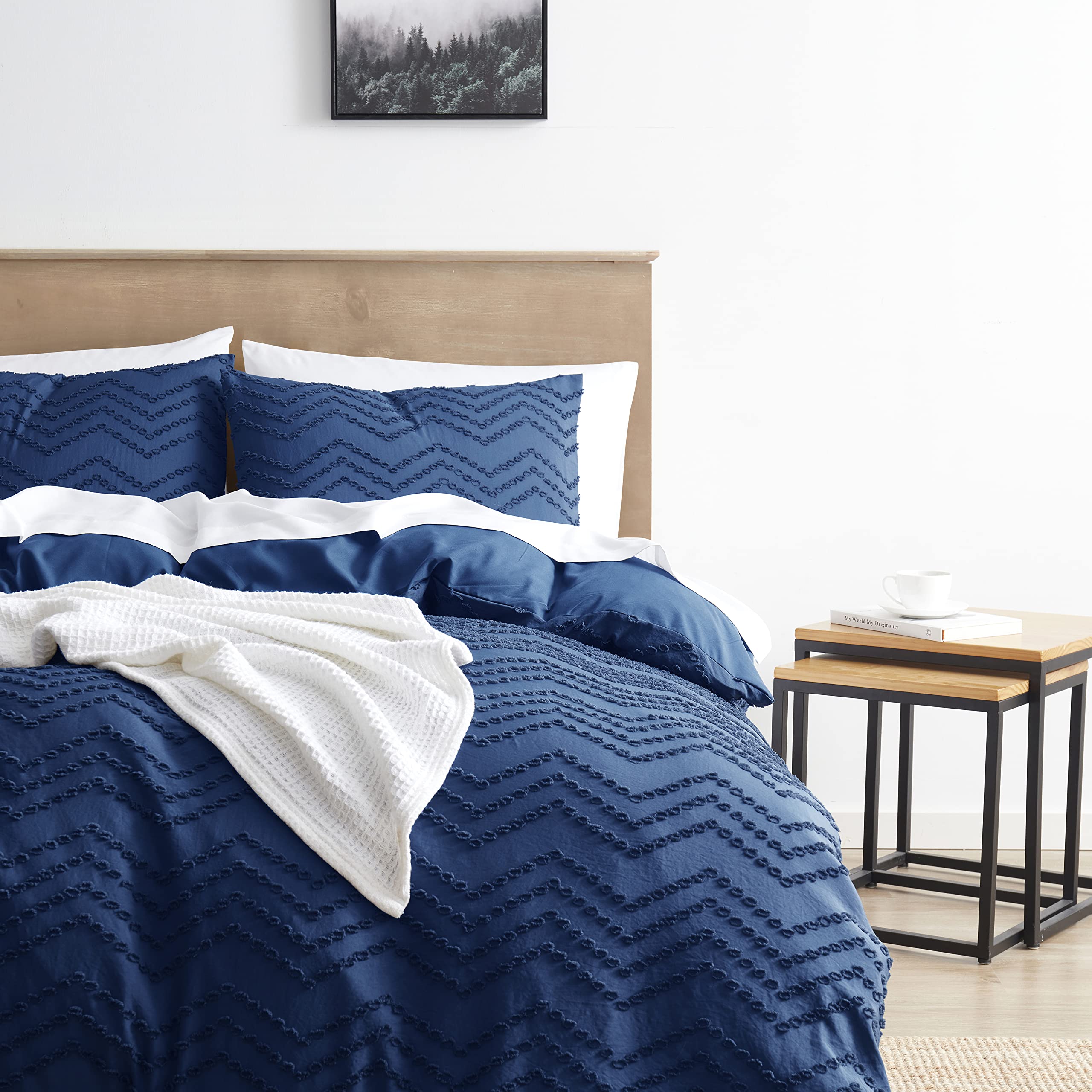 Hearth &amp; Harbor Twin Duvet Cover Set - Boho Bedding Twin Size Duvet Cover &amp; Pillow Sham, Tufted Double Brushed Navy Set with Zipper Closure