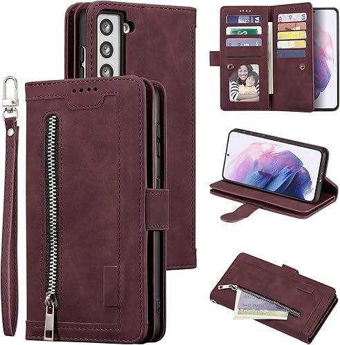 Miniatura 218 de UEEBAI Funda para Samsung Galaxy S21 FE 5G, 9 ranuras para tarjetas, cartera de cuero retro a prueba de golpes, con correa de mano, ranuras