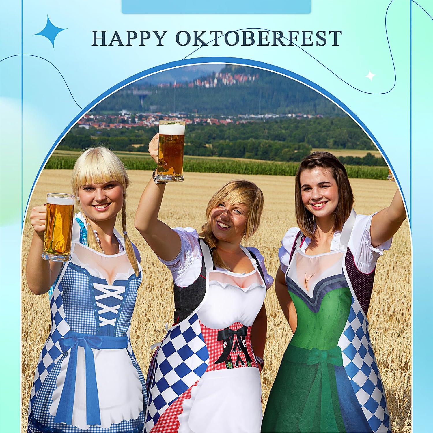 Hillban 3 Pcs Oktoberfest Apron Kitchen Cooking Aprons Couples,Women Bright | Bavarian Dirndl Dress Style with Lace Bodice, Oktoberfest Party Costume for Baking Chef, Adjustable Ties, BBQ Cooking Gift