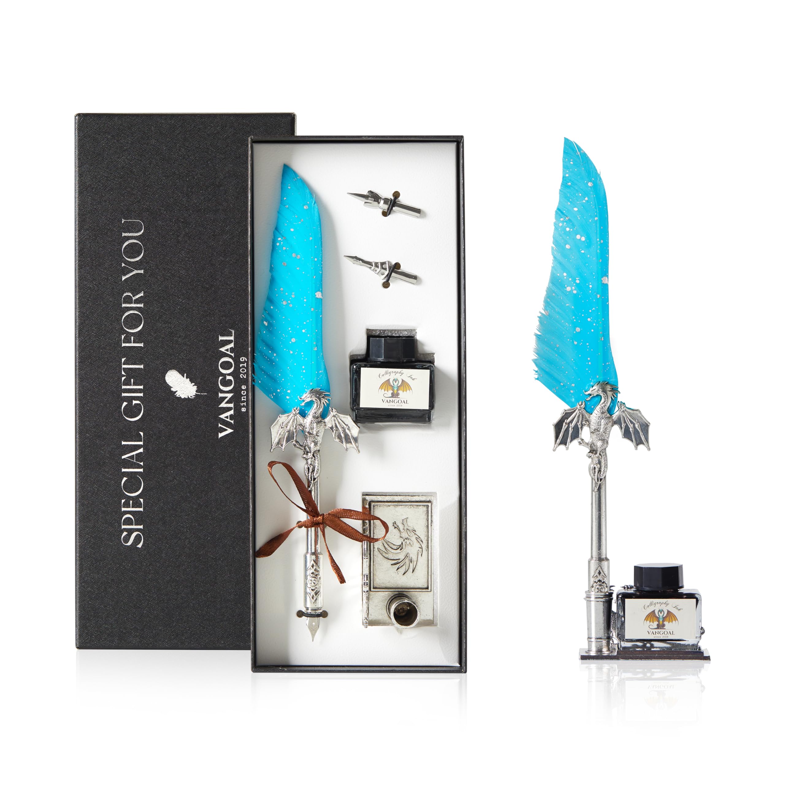 VANGOAL Dragon Quill Pen & Ink Set, Vintage Dragon Feather Dip Pen Gift Set for Writing, Drawing & Desktop Decoration (Ice Blue)