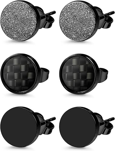 Jstyle Aros con pasante de acero inoxidable para hombres y mujeres color negro de fibra de carbono perforados 3 pares
