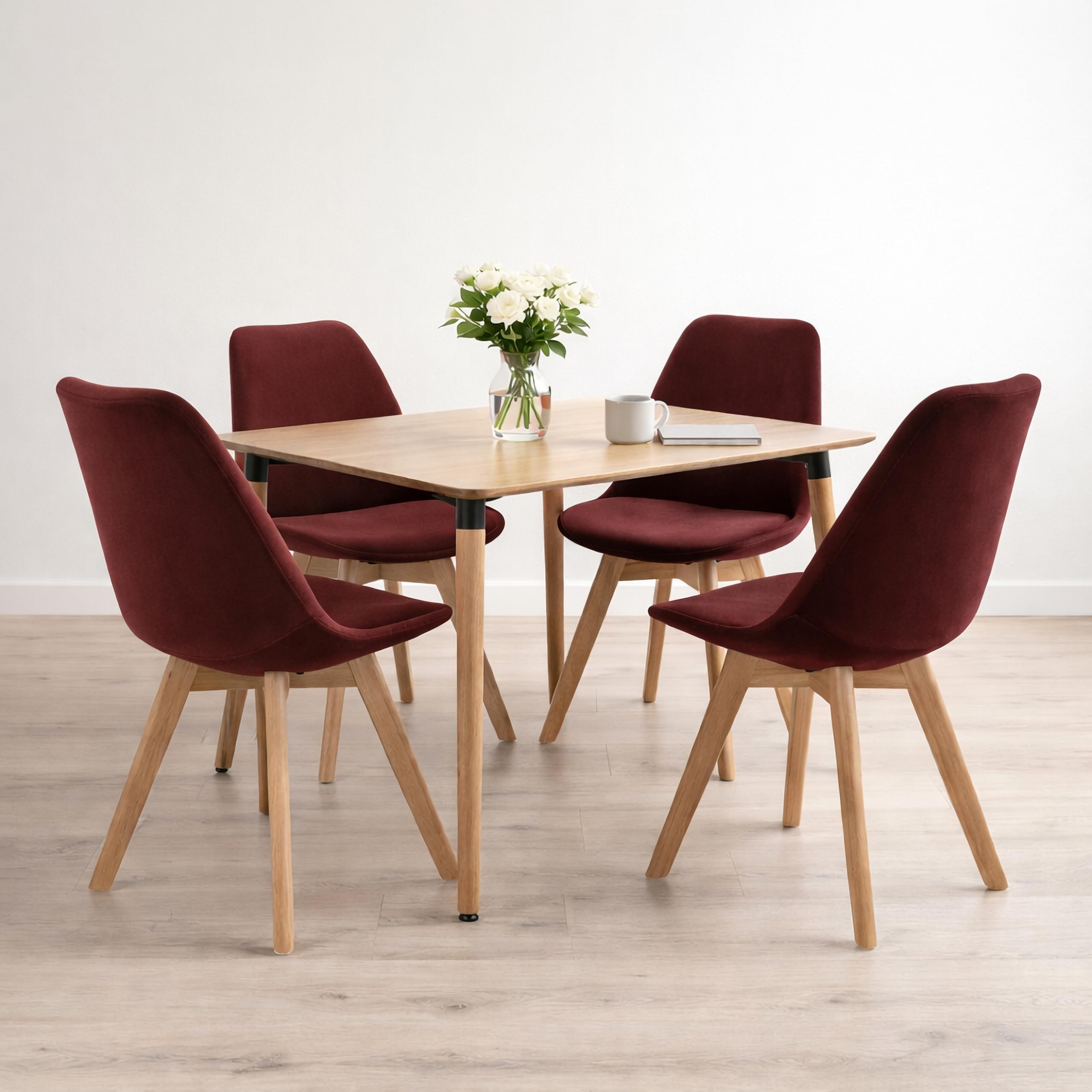 RED HERON Velvet Upholstered Dining Chair with Solid Beech Wood Legs for Mid Century Modern Dining Room Living Room Bedroom Kitchen & Lounge (Burgundy, 4-Chairs)