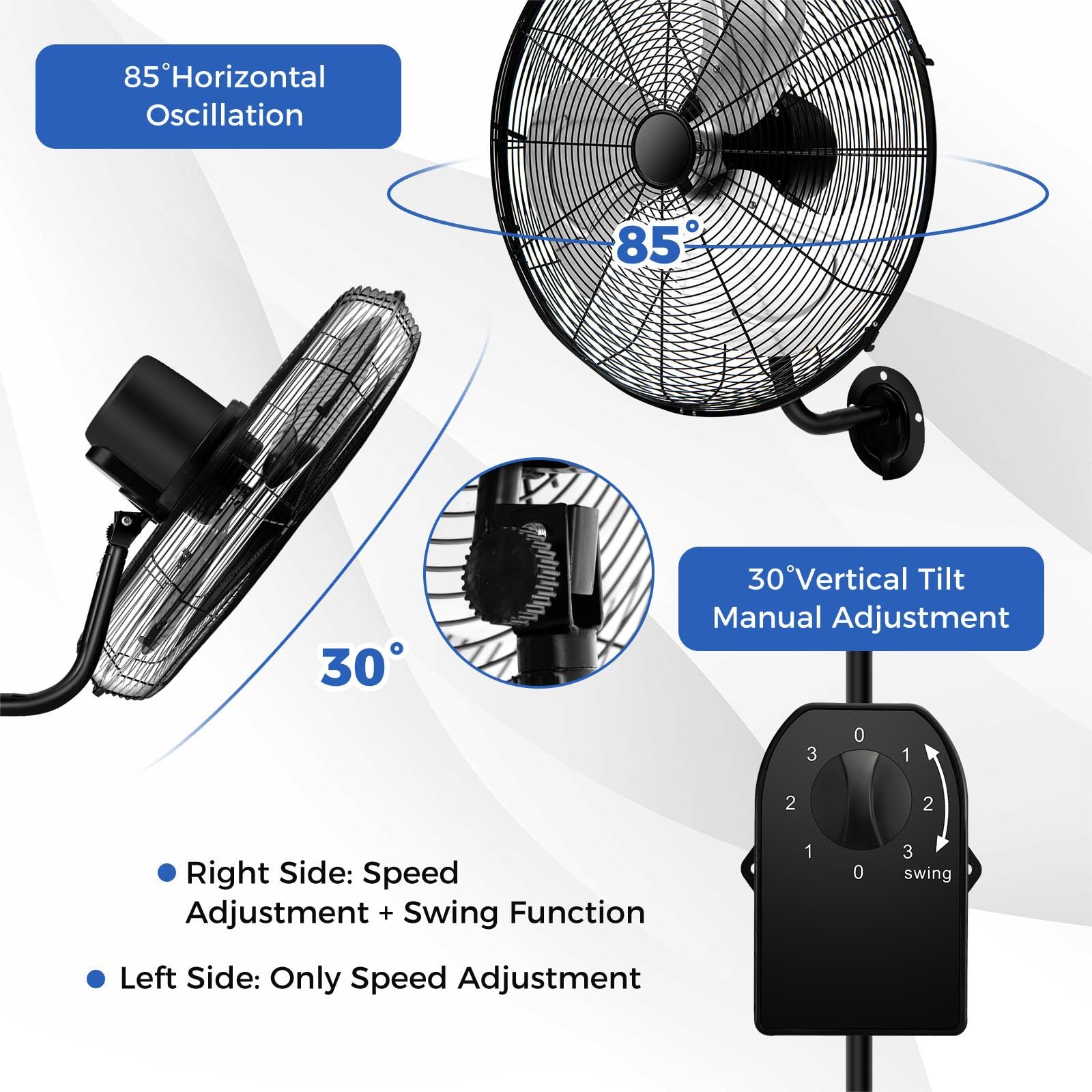 SOARS Ventilatore da Parete 120 W, 3 Velocità, Angolo Verticale di 30° e Orizzontale Automatico di 85°, Ventilatore Industriale per Magazzino, Officina, Cantina, Ufficio, φ56 CM (Nero)