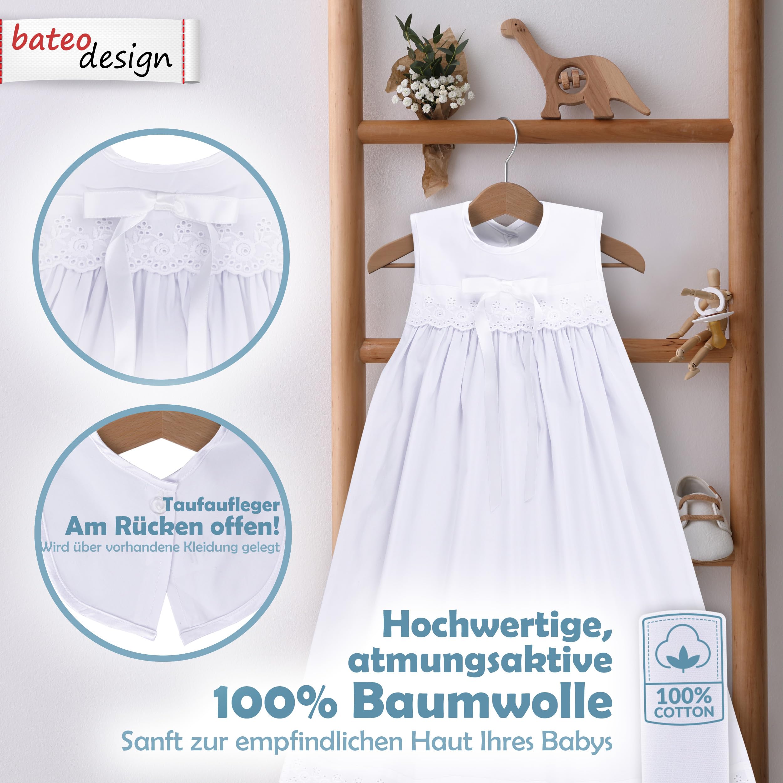 Baby Taufaufleger aus weißer Baumwolle mit Spitze + Schleife in weiß, Unisex, festliche Taufbekleidung für Mädchen und Jungen geeignet