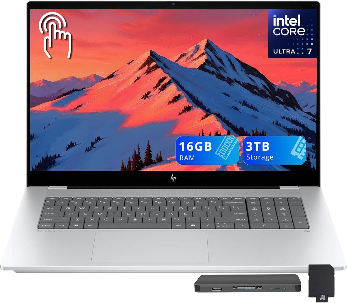 OmniBook X Copilot+ PC Laptop, 17.3" FHD Touch, Intel Ultra 7 256V, 16GB LPDDR5X, 3TB Storage (2TB SSD+1TB Docking Station), Intel Arc 140V, Backlit Keyboard, 5MP Camera, Wi-Fi 6E, Win 11, Silver