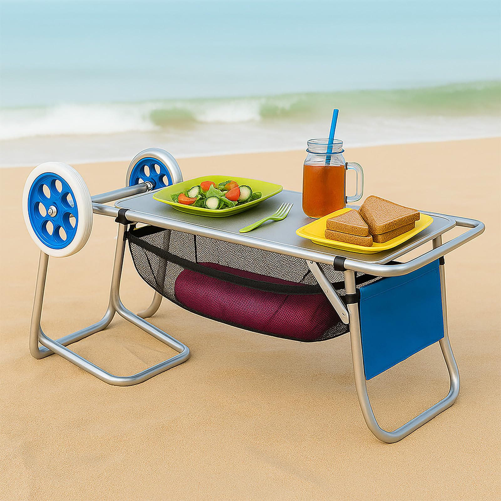 TIENDA EURASIA – Carro Playa | Plegable | con 2 Ruedas Giratorias | Estructura de Aluminio | Plateado y Azul | Convertible en Mesa y Portasillas | 50x48x105 cm | Incluye Neceser y Rejilla