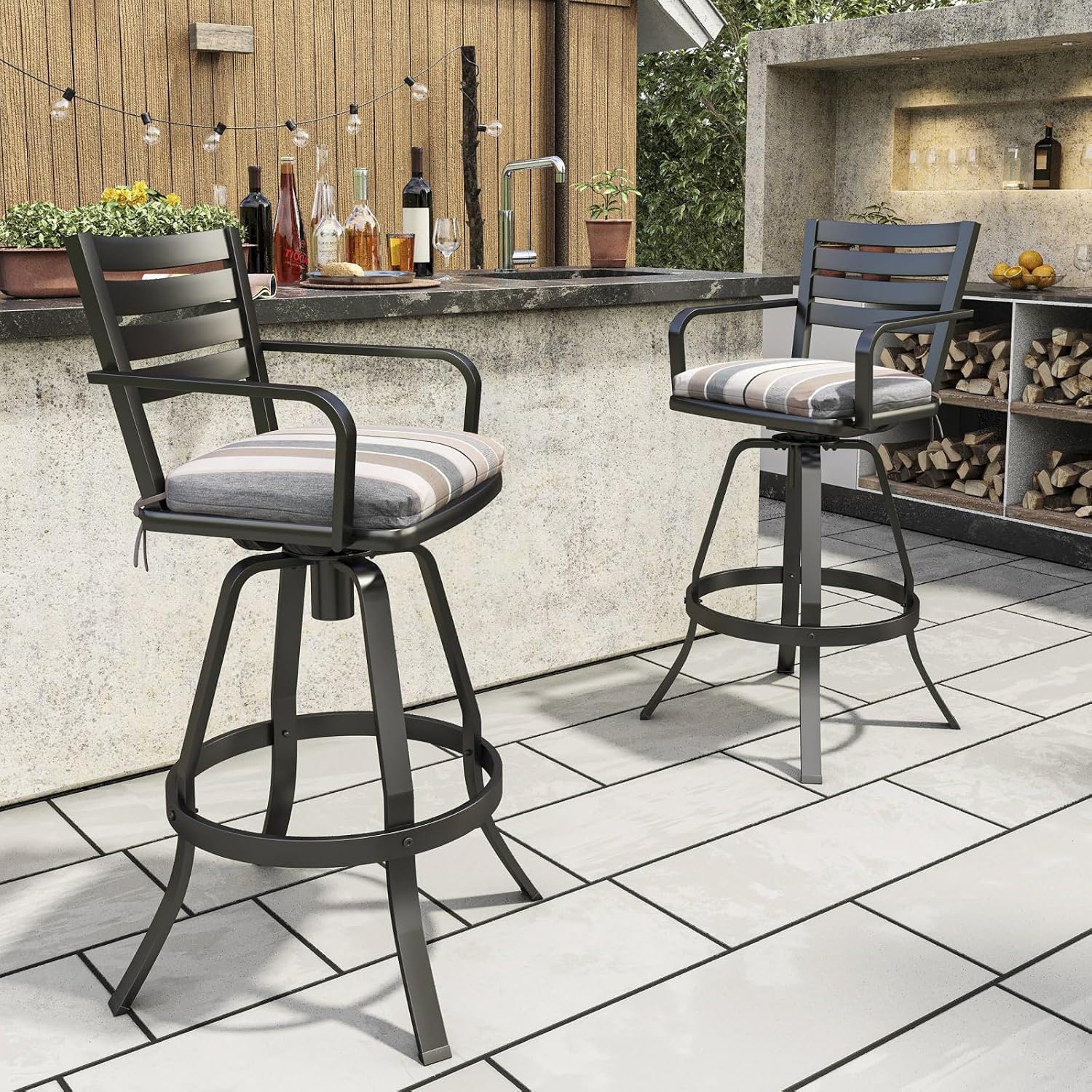 Crestlive Products Heavy Duty Cast Aluminum Outdoor Swivel Bar Stools with Sunbrella Cushion, Patio Bar Height Chair Set of 2, All Weather Black Finish for Outside, Commercial Grade(Milano Char)