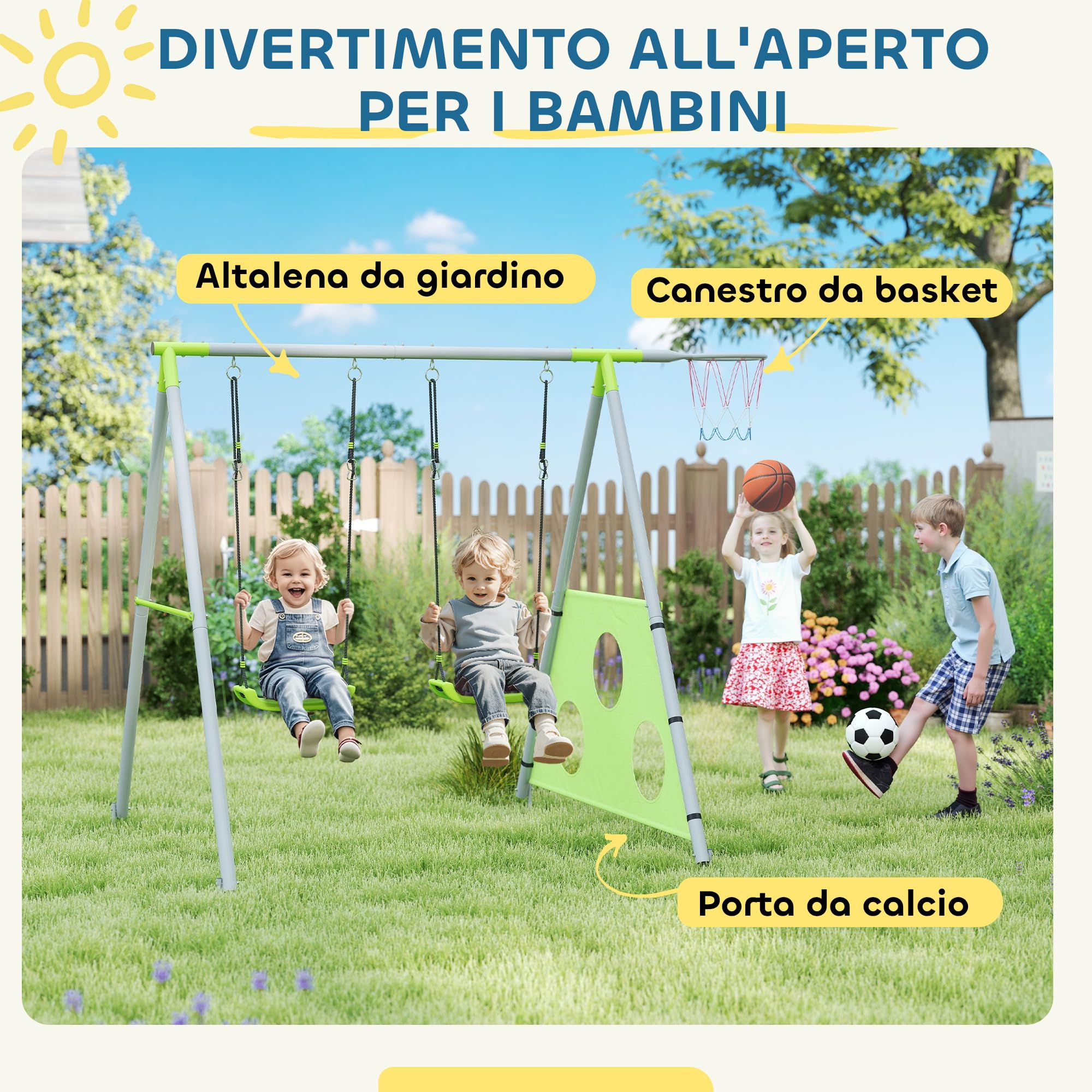 AIYAPLAY Set Altalena da Giardino per Bambini 3 in 1 con Altalena per Bambini, Canestro da Basket e Porta da Calcio, Gioco per Bambini 3-8 Anni con Telaio ad A in Metallo per Uso Esterno, Carico 90kg
