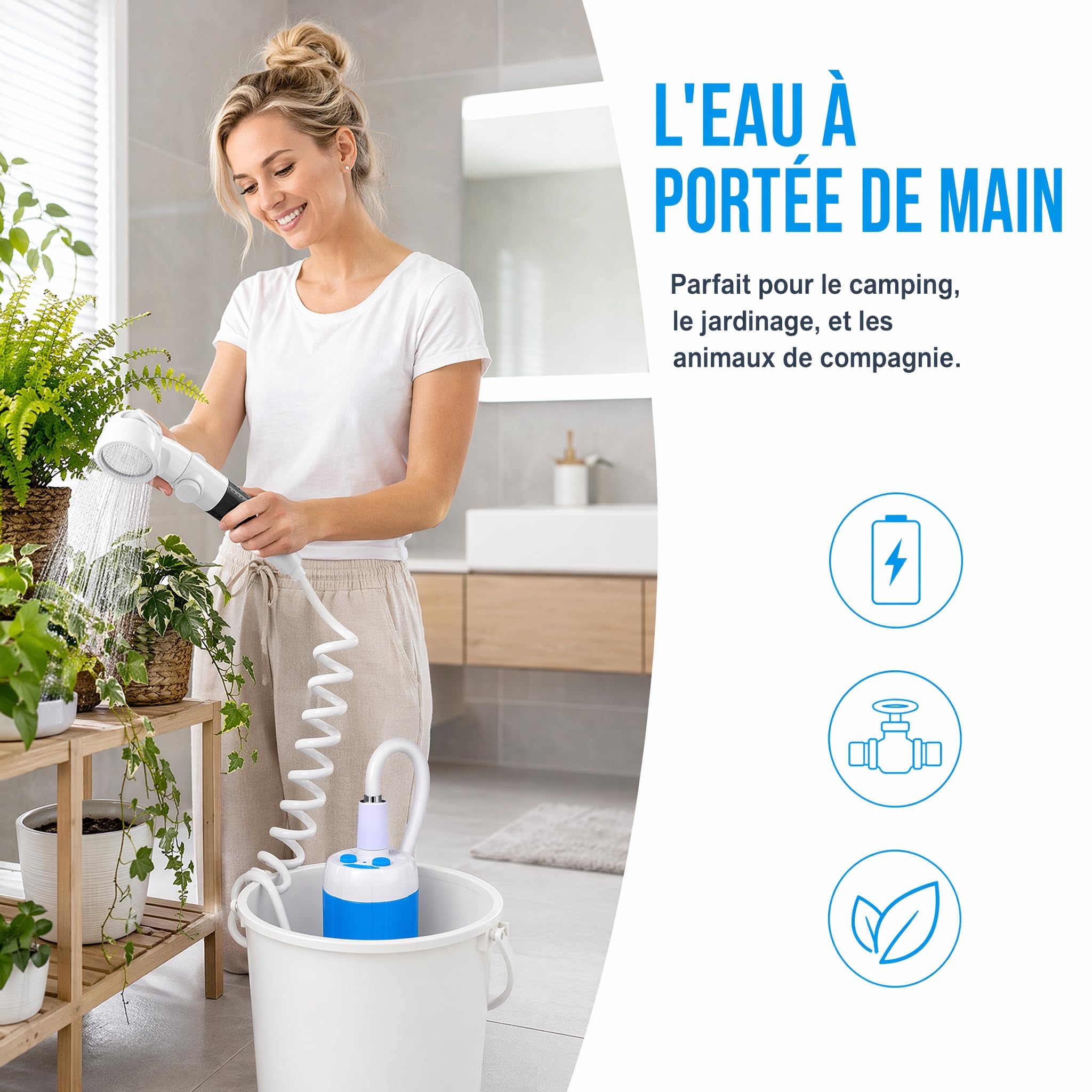 Douche De Camping Portable 12v avec Pompe Immergée, Pompe Douche Camping, Kit Complet avec Tuyau 2,2m, Compacte Légère Débit Réglable pour Camping Plage Jardin Randonnée Extérieur