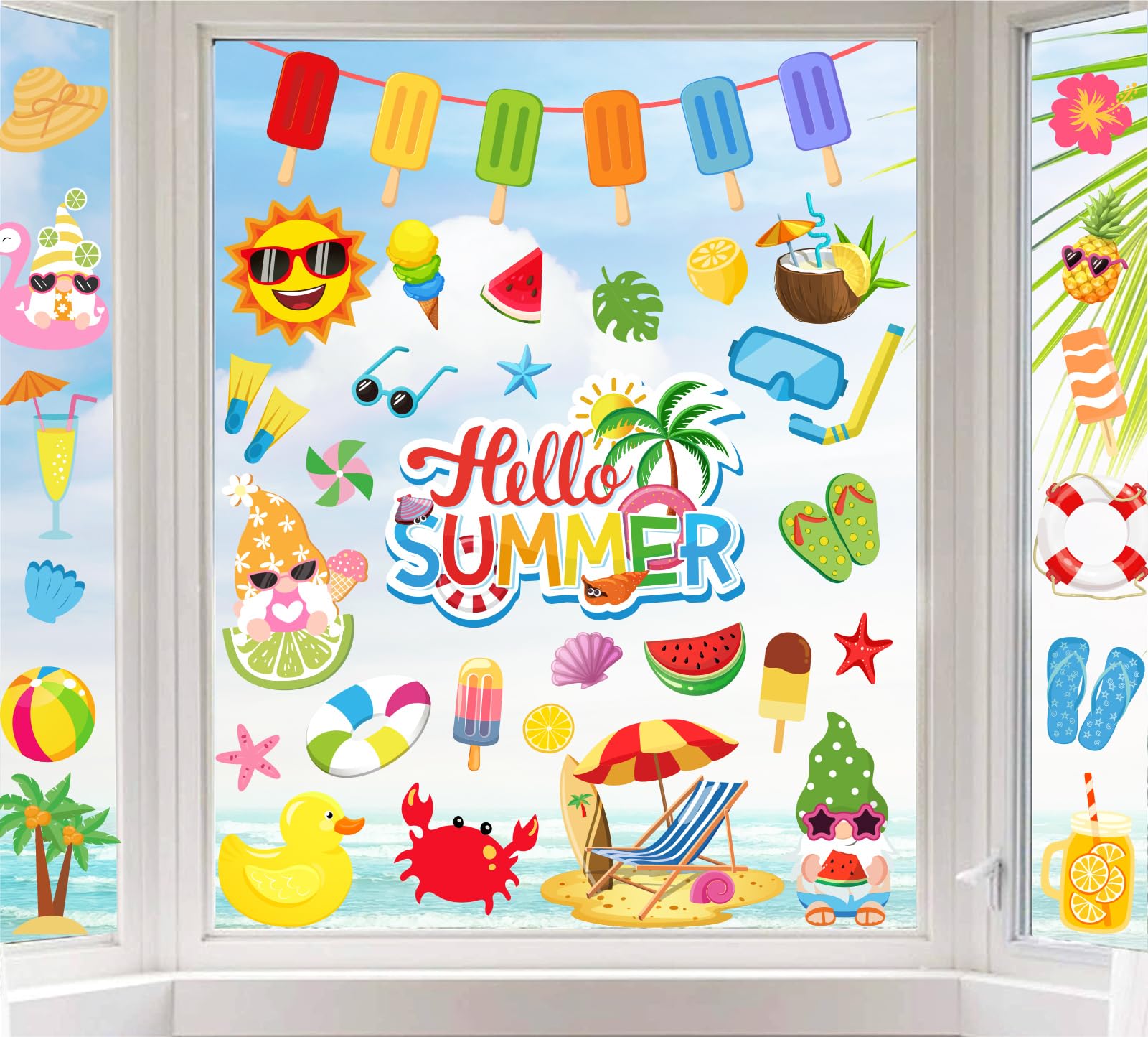 JarThenaAMCS 9 Sheets Hello Summer Window Clings Cartoon Ice Lolly Gnome Beach Sunshine Window Stickers Double-Sided Glass Decals for Home Classroom Office Hawaiian Tropical Party Decor